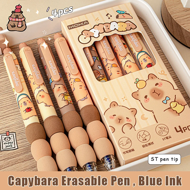 Capybara canetas de gel apagáveis, desenhos animados bonitos, secagem rápida, escrita suave, canetas neutras elegantes, papelaria estética, kawaii, 4pcs