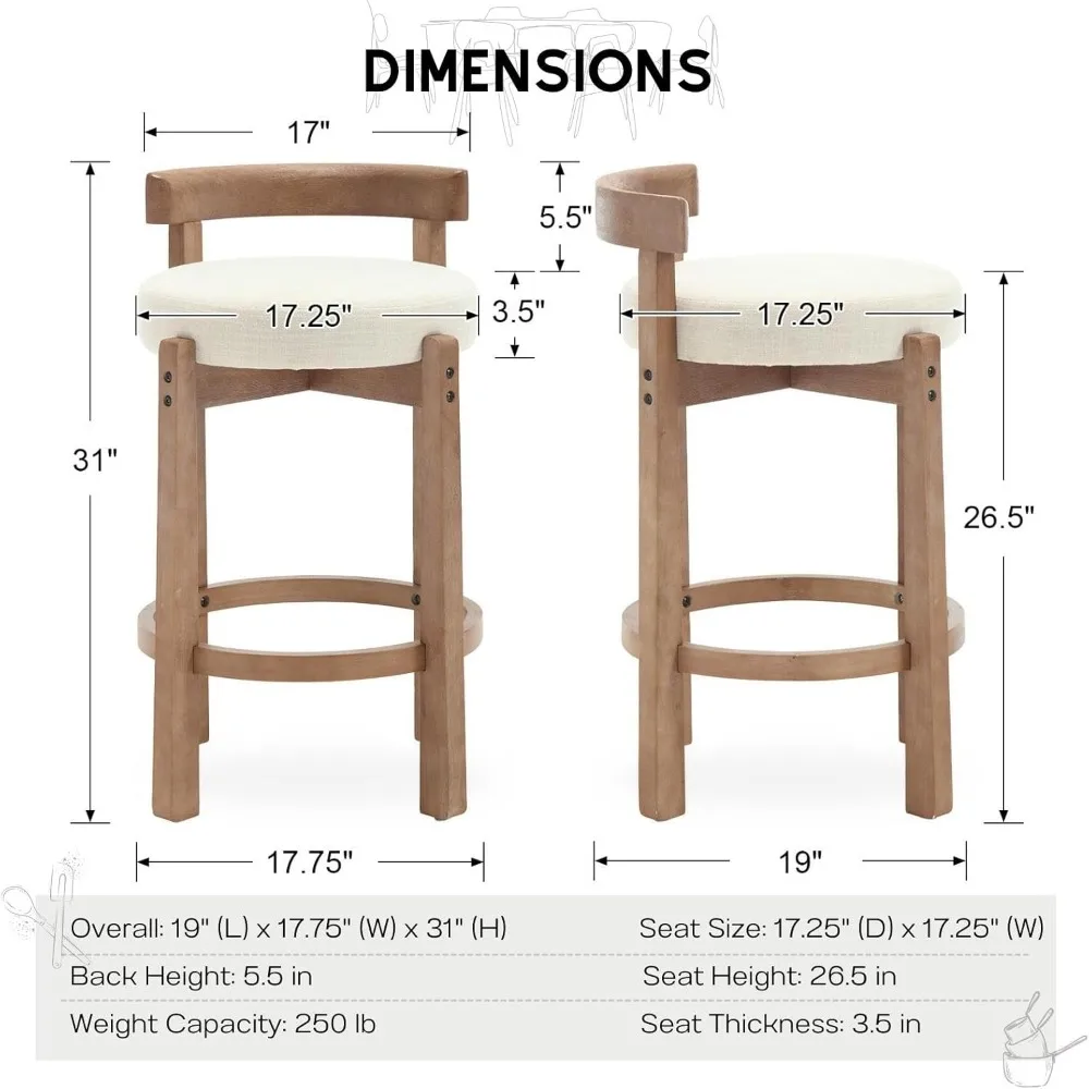 Mid Century Modern Bar Stools Set of 2, 26.5" Counter Stools with Back, Linen Upholstered Barstools with Solid Wood Legs Bar