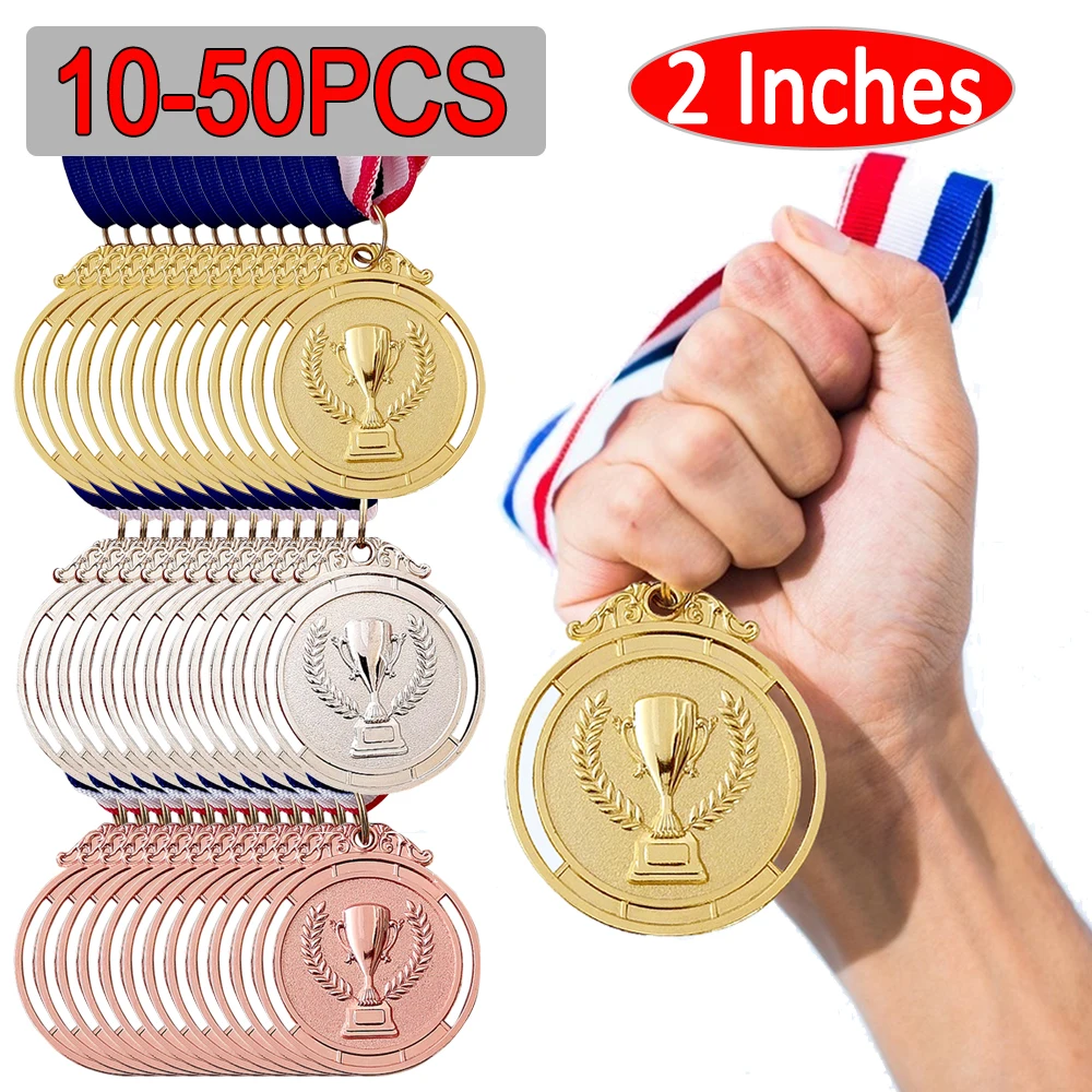 50–10 Stück runde Gewinnermedaillen aus Zinklegierung, 5,1 cm, Gold, Silber, Bronze, Auszeichnungsmedaille mit Halsband, 1. 2. 3. Preise, Gewinnerpreis-Geschenk