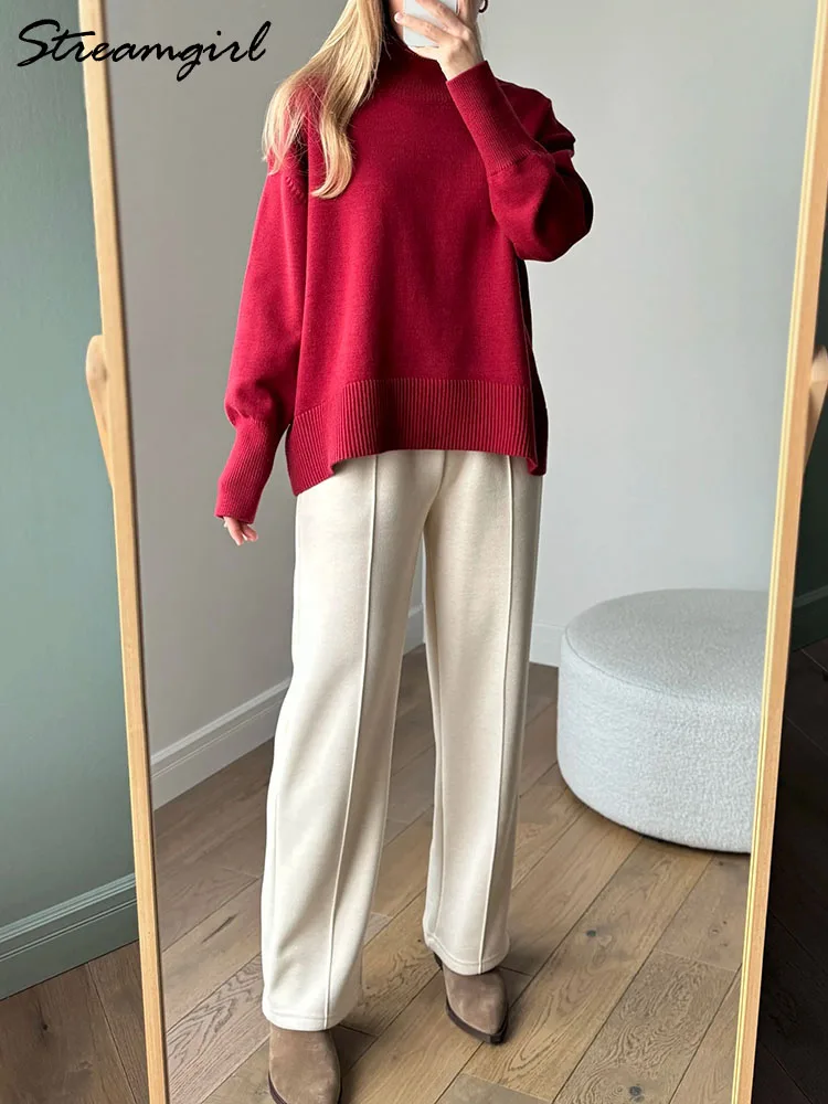 ฤดูหนาว Burgundy เสื้อกันหนาวผู้หญิงเสื้อคอเต่า WARM Pullovers ถักเสื้อสีน้ําตาลจัมเปอร์ผู้หญิงขนาดใหญ่หนา Basic เสื้อกันหนาวผู้หญิง