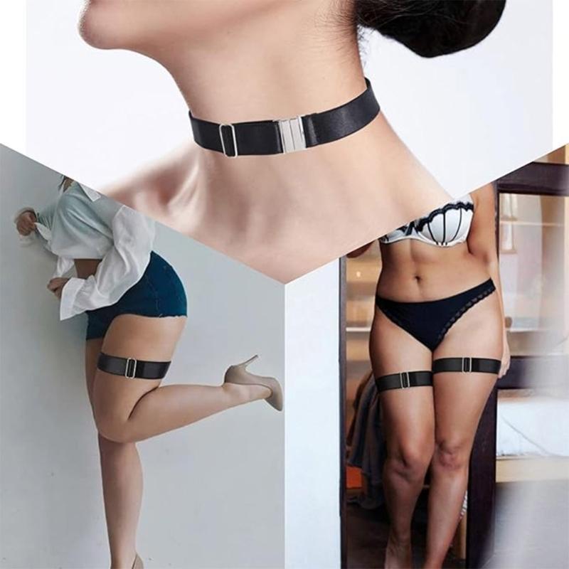 Arnés liga pierna elástica ajustable con metal muslo hebeado.