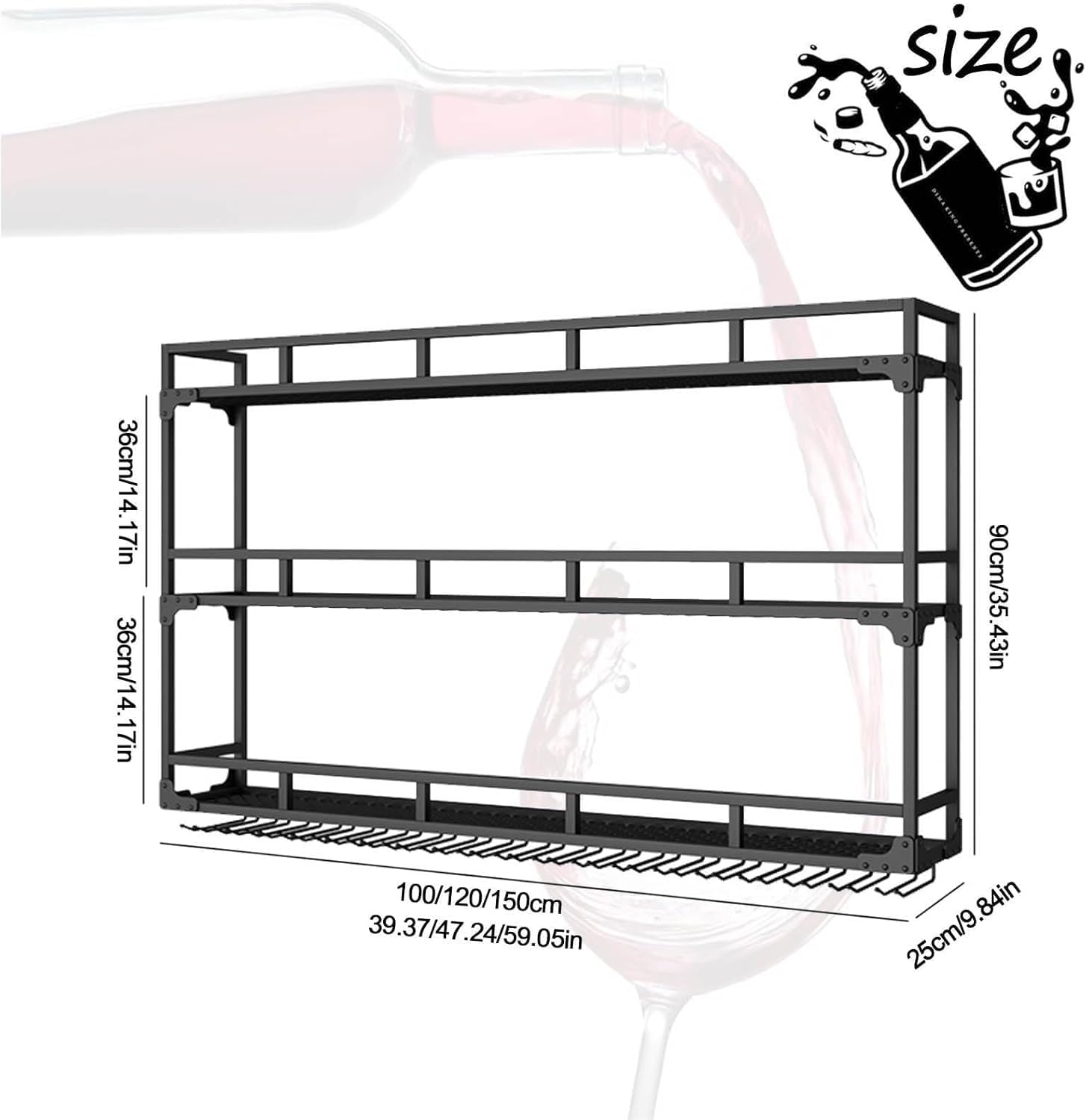 Weinregal Wand mit Glashalter, 3-stöckiges Weinpareite-Präsentationsständer, Metall-Weinflaschen-Glashalter Wandmontage für Esszimmer Home