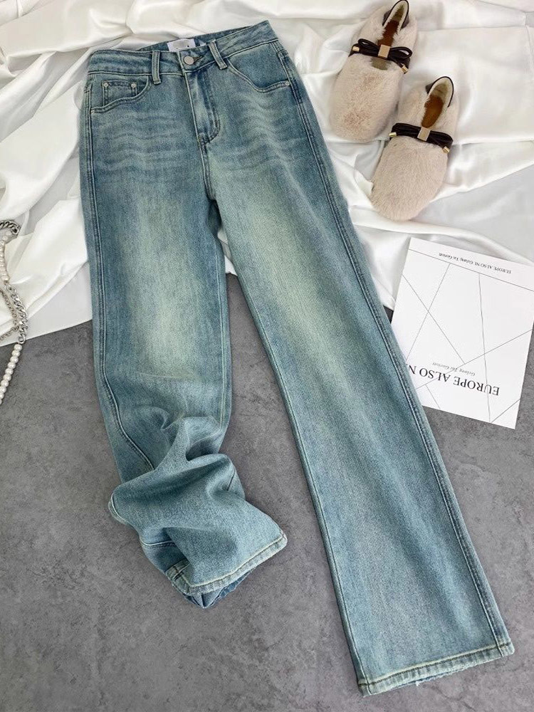 Pantalones vaqueros azules para mujer, ropa de calle, moda Vintage, vaqueros de pierna ancha de cintura alta, pantalones femeninos con letras Hip Hop, pantalones vaqueros azules holgados