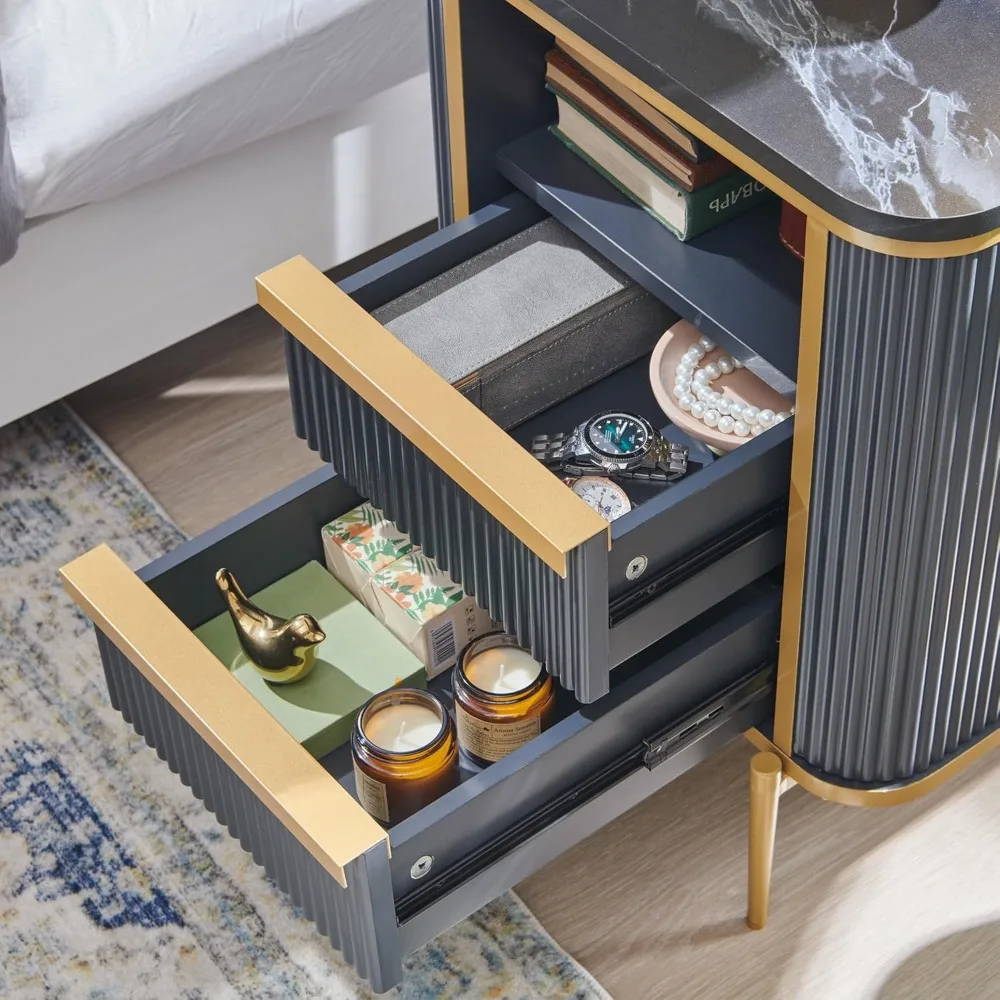 Fluted Nightstand, Bedside Table, End Table with Gold Accents, Fluted Fronts, Wood Night Stand with Charging Station, Sidetable