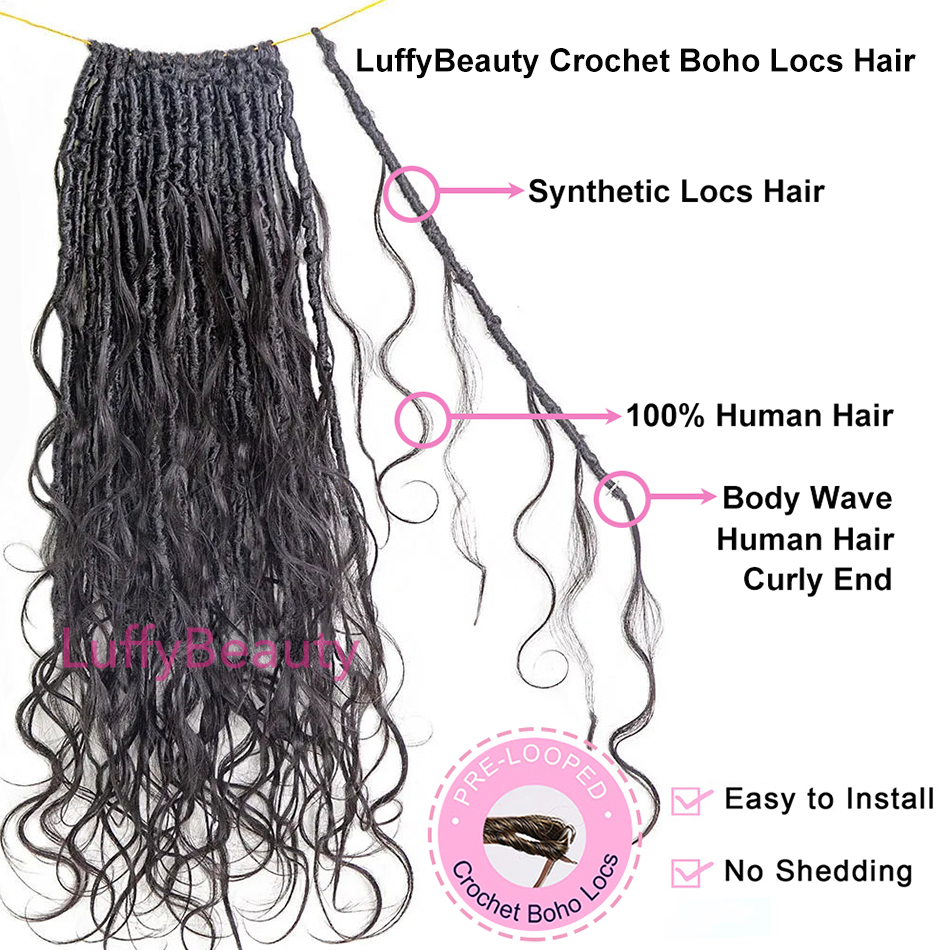 実体波プレループかぎ針編みボヘミアン Locs 人間の髪のカール女神 Locs 実体波フルエンドヘアエクステンション黒人女性用