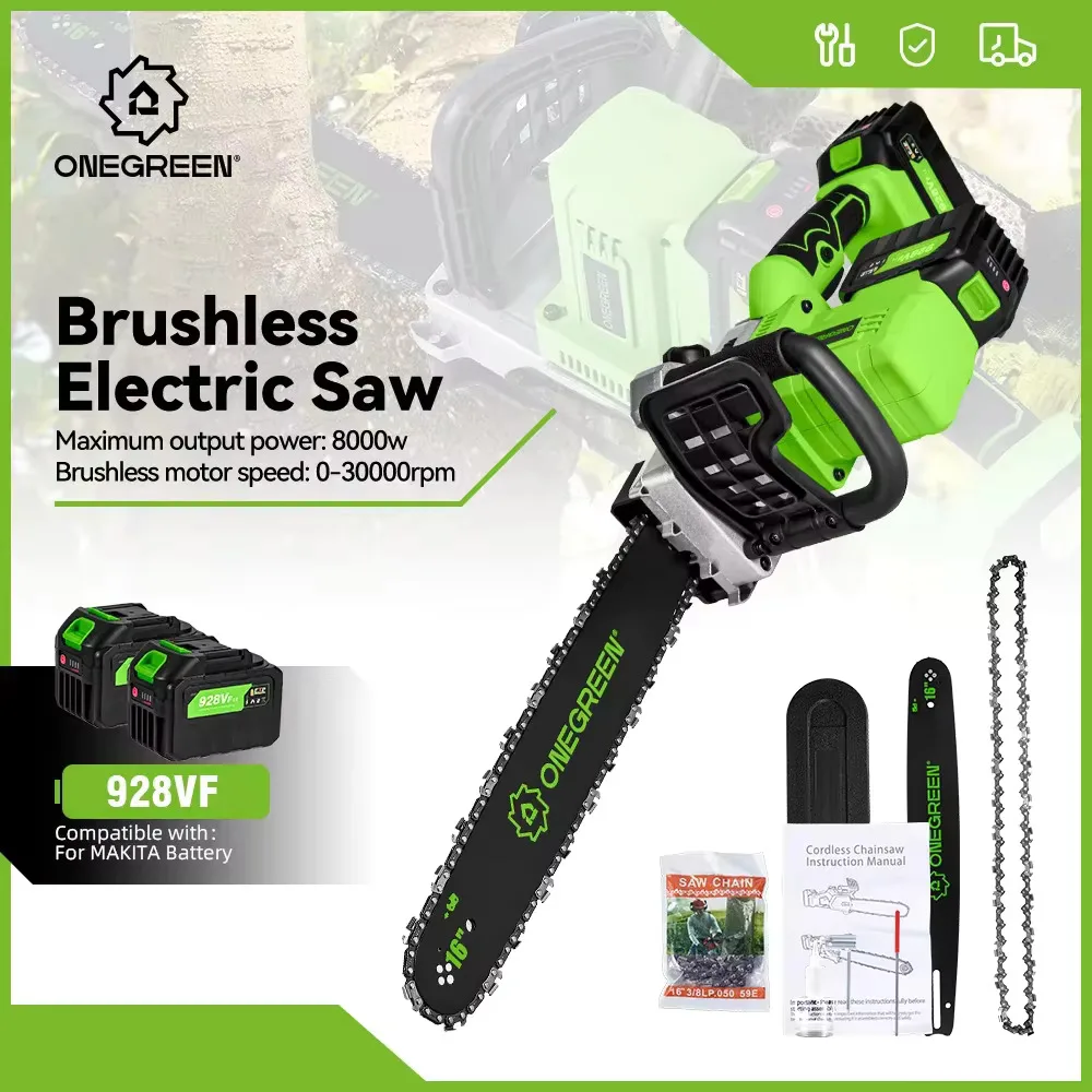 ONEGREEN Brushless 16Inch Electric Chainsaw 8000W Cordless Battery Pruning Saw Woodworking Power Tool For Makita 18V Battery Pin