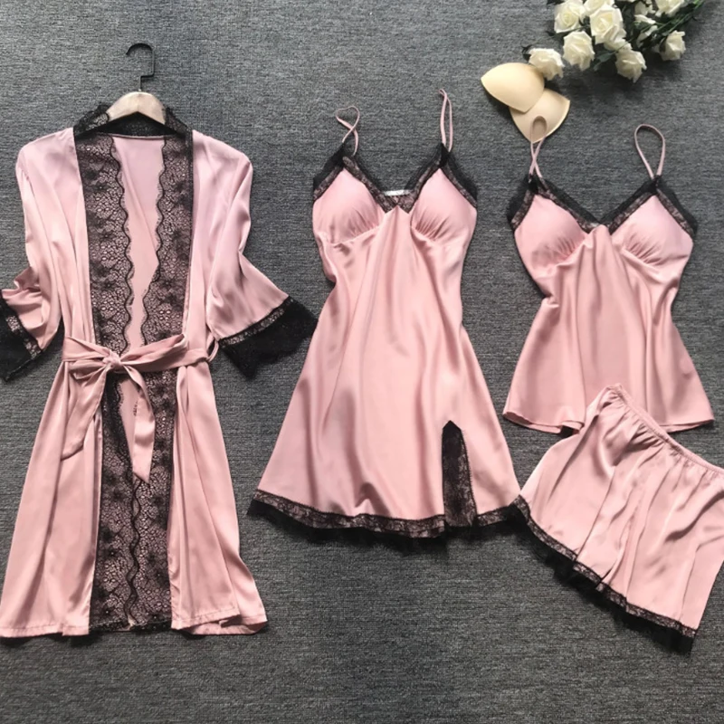 4 peças pijamas de renda sexy feminino moda com decote em v vestido conforto pijamas pijamas com almofadas no peito camisola casual loungew