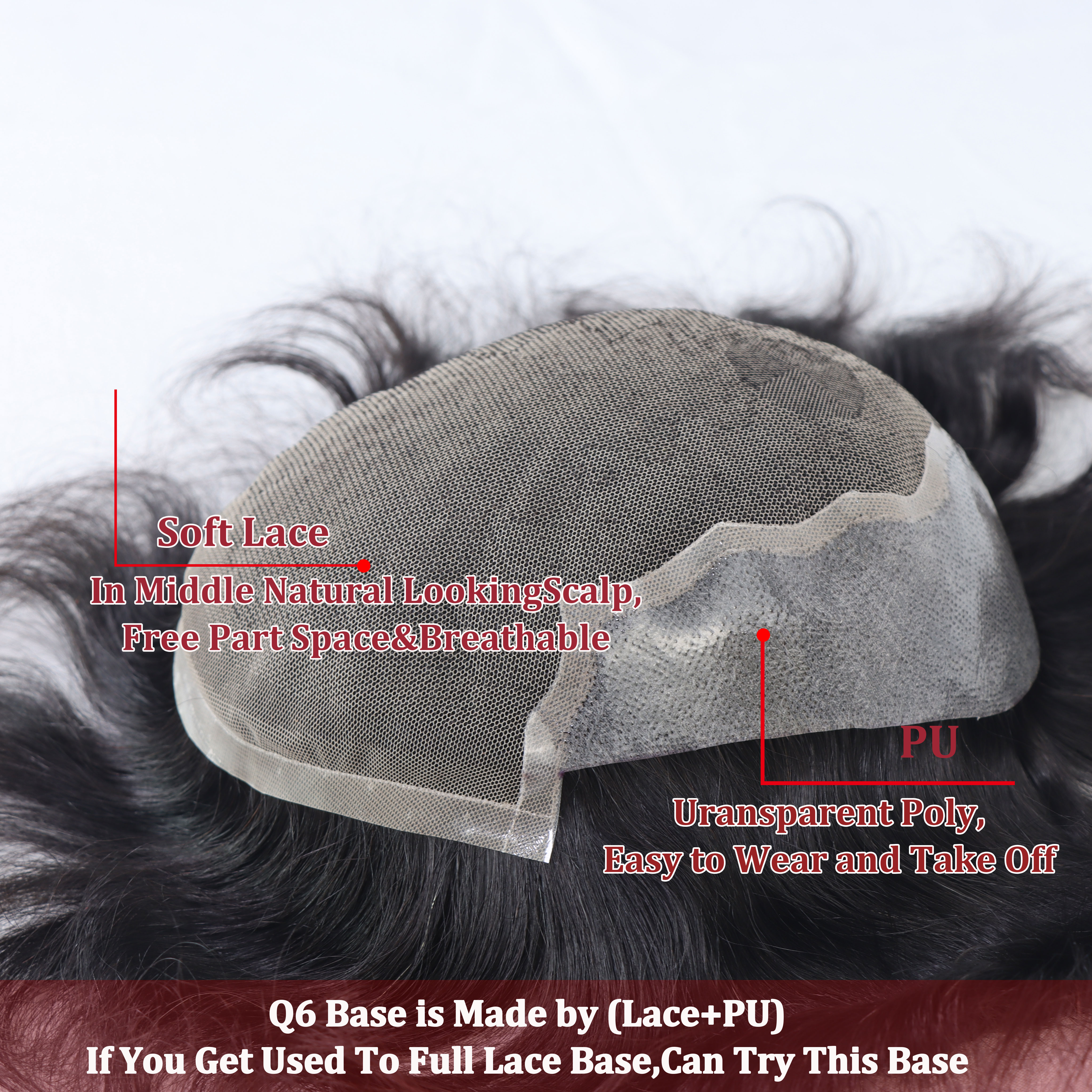 Q6 Basis 6*8/6*9/7*10/8*10 Kant Met PU Toupetje Mannen Ademend Kant Voor Heren Pruik Menselijk Haar Toupetje Heren Vervangingssystemen