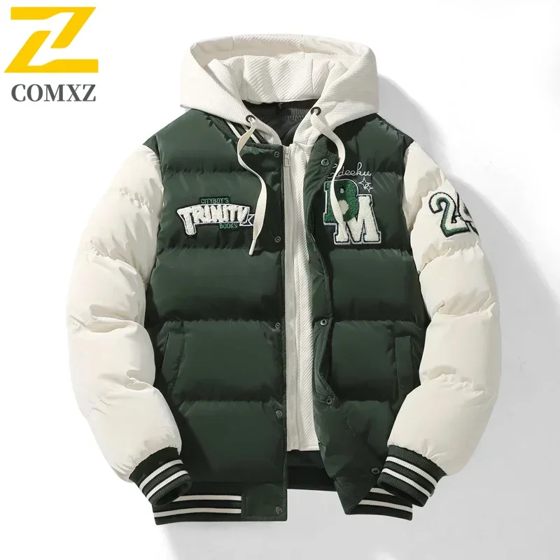 Jaqueta de beisebol de inverno 2024 novo design bordado casaco jovem ao ar livre falso 2 peças esportes masculinos jaqueta de algodão com capuz plus size
