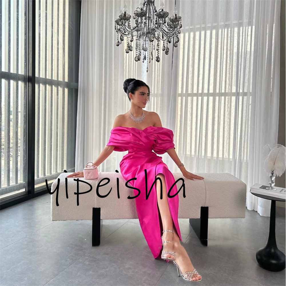 Maßgeschneidertes rosa Meerjungfrau-Abendkleid für formelle Anlässe, schulterfrei, Satin, Schlitz, knöchellang, Abendkleid, Partykleider