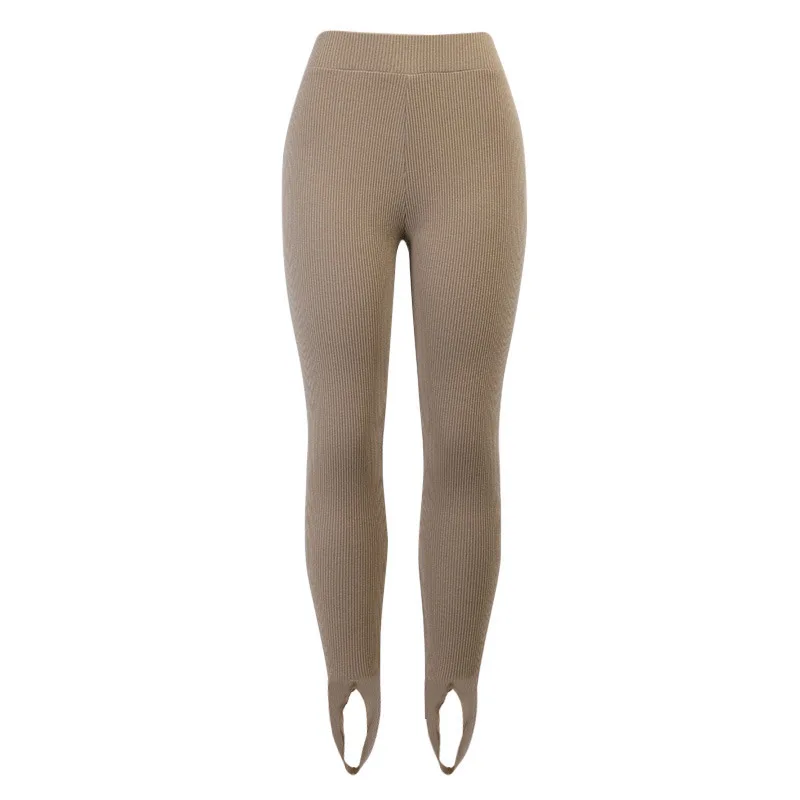 Mallas de punto acanaladas Beige para mujer, pantalones básicos de algodón de cintura alta para Fitness, mallas ajustadas informales que combinan con todo para primavera