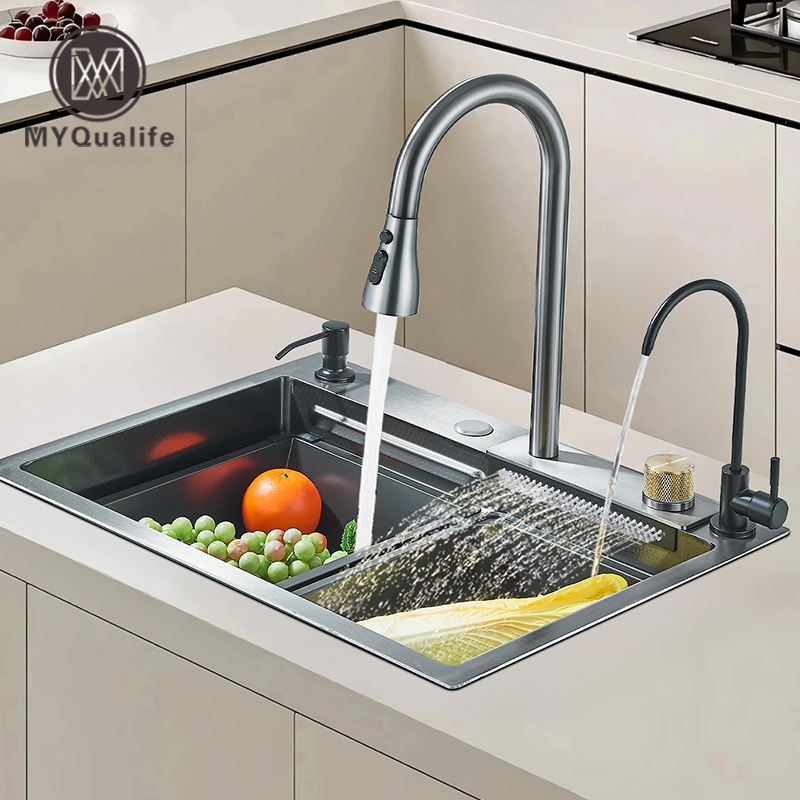 304 aço inoxidável cachoeira pia da cozinha grande único slot integrado 60x45cm conjunto torneira dispensador de sabão água pura