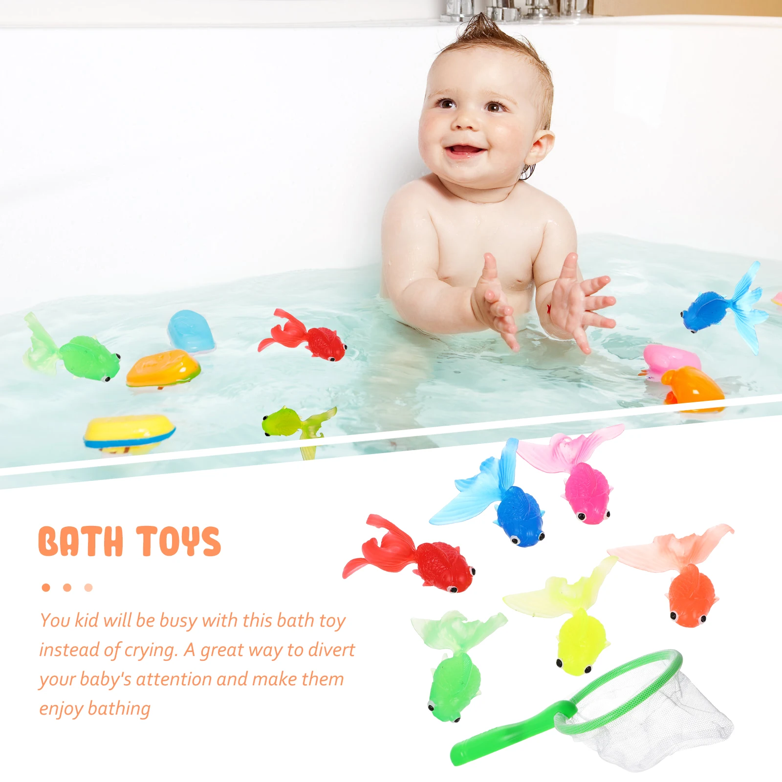 Terno de peixe dourado de borracha macia, banheira de desenho animado com água de pesca e piscina de peixes, kit de água de peixe para crianças pequenas, brinquedos para crianças