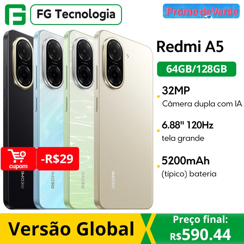 Versão global xiaomi redmi a5 sem nfc 6.88 "120hz display 32mp câmera 5200mah bateria grande android 15 celular