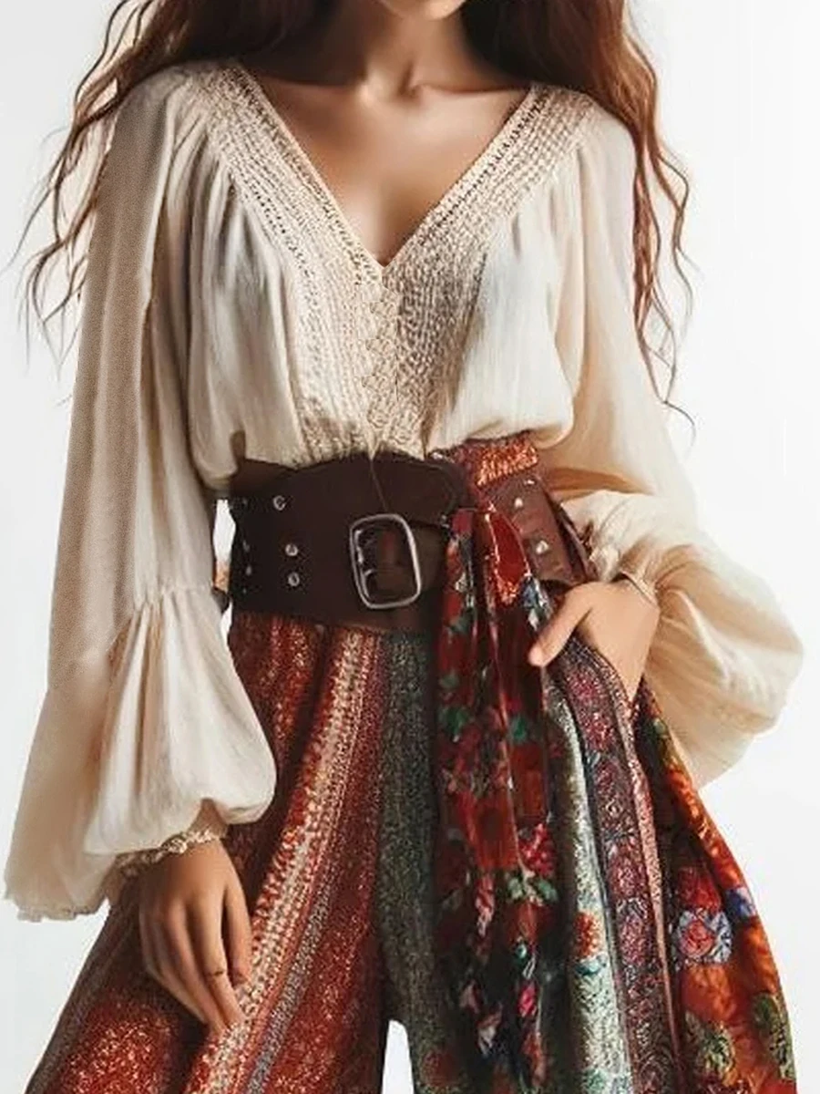 แขนโคมไฟ Boho เสื้อสีทึบ V คอลูกไม้ Patchwork สไตล์ชาติพันธุ์ผู้หญิงเสื้อฤดูใบไม้ผลิฤดูร้อนฤดูใบไม้ร่วง Chic เสื้อ