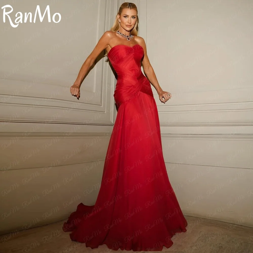 Sukienki wieczorowe Ranmo 2025, czerwone, błyszczące, z dekoltem w serce, syreni krój, plisowane, eleganckie suknie maxi na formalne okazje, studniówki i przyjęcia, szyte na miarę.
