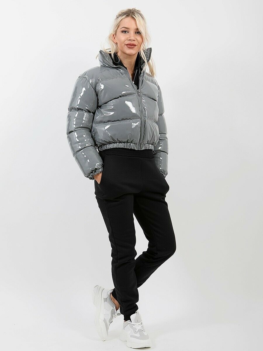 winterjas dames neongroen glanzend cropped bubble winterjas met lange mouwen pufferjack voor dames