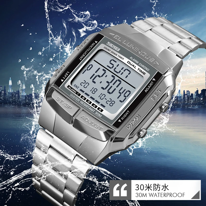 Clearance_SKMEI Mode Hintergrundbeleuchtung Digitale Sportuhr Männer Edelstahlarmband Wecker Countdown Glas Spiegel Armbanduhr