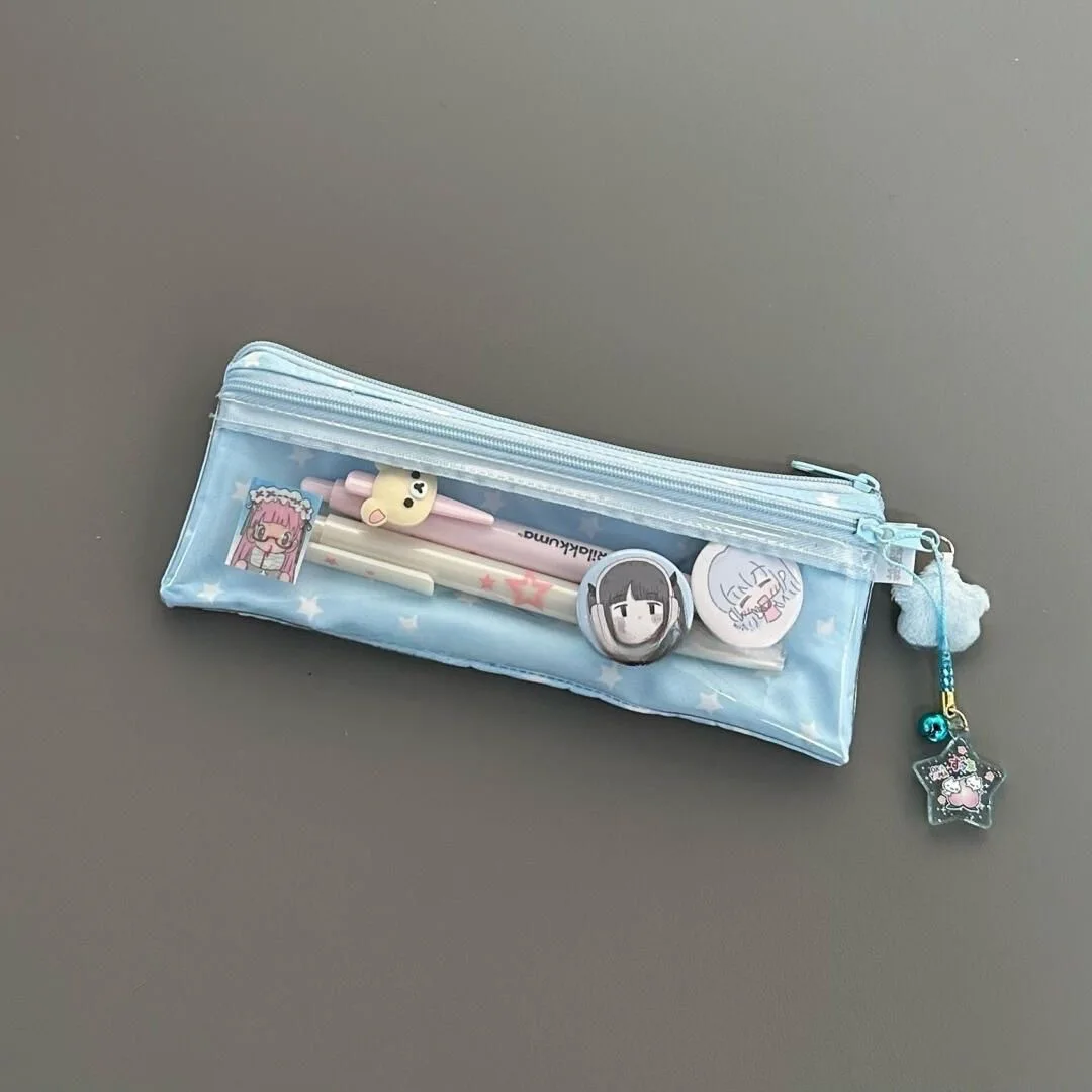 Cute Stars Pencil Case Mesh Multilayer Pen Bag Multifunctional Large Capacity Stationery Bag School