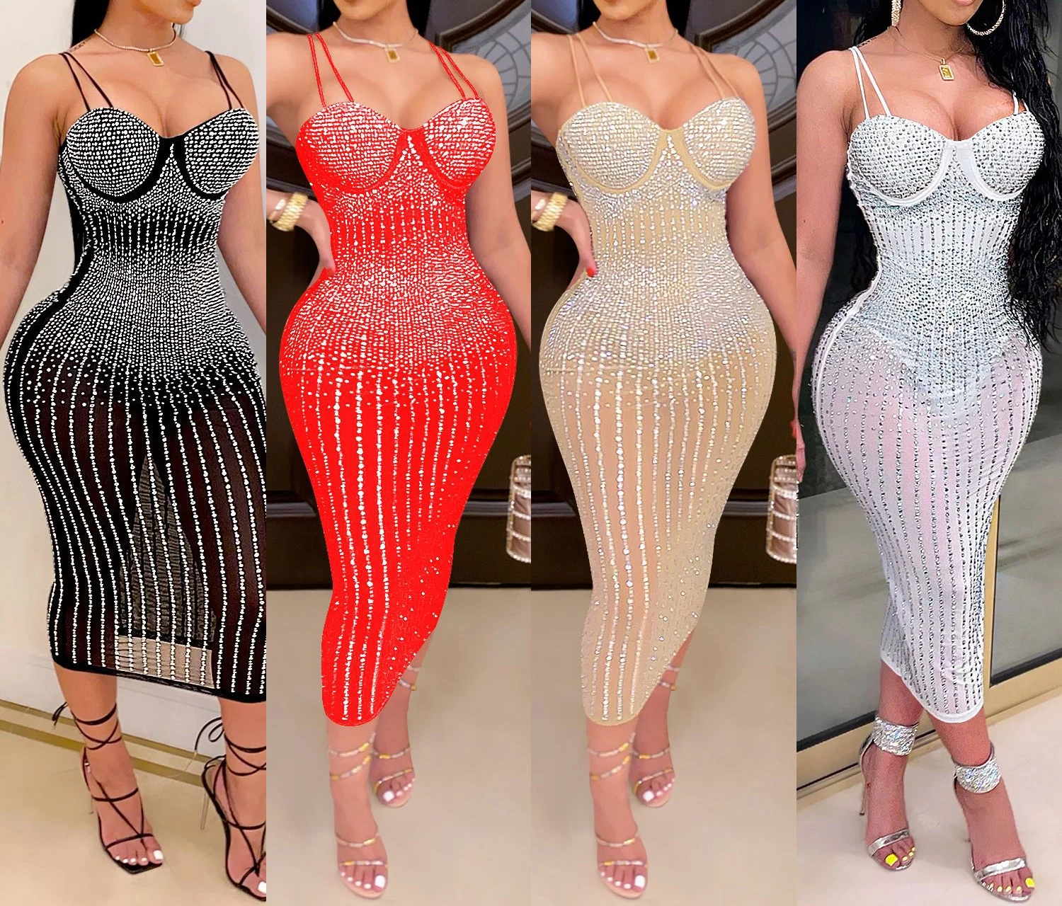 Vestido de mujer con diamantes de imitación, vestidos de noche de lujo de malla a la moda, vestidos sexis elegantes para fiesta y Club, vestidos de fiesta de cumpleaños HXY612