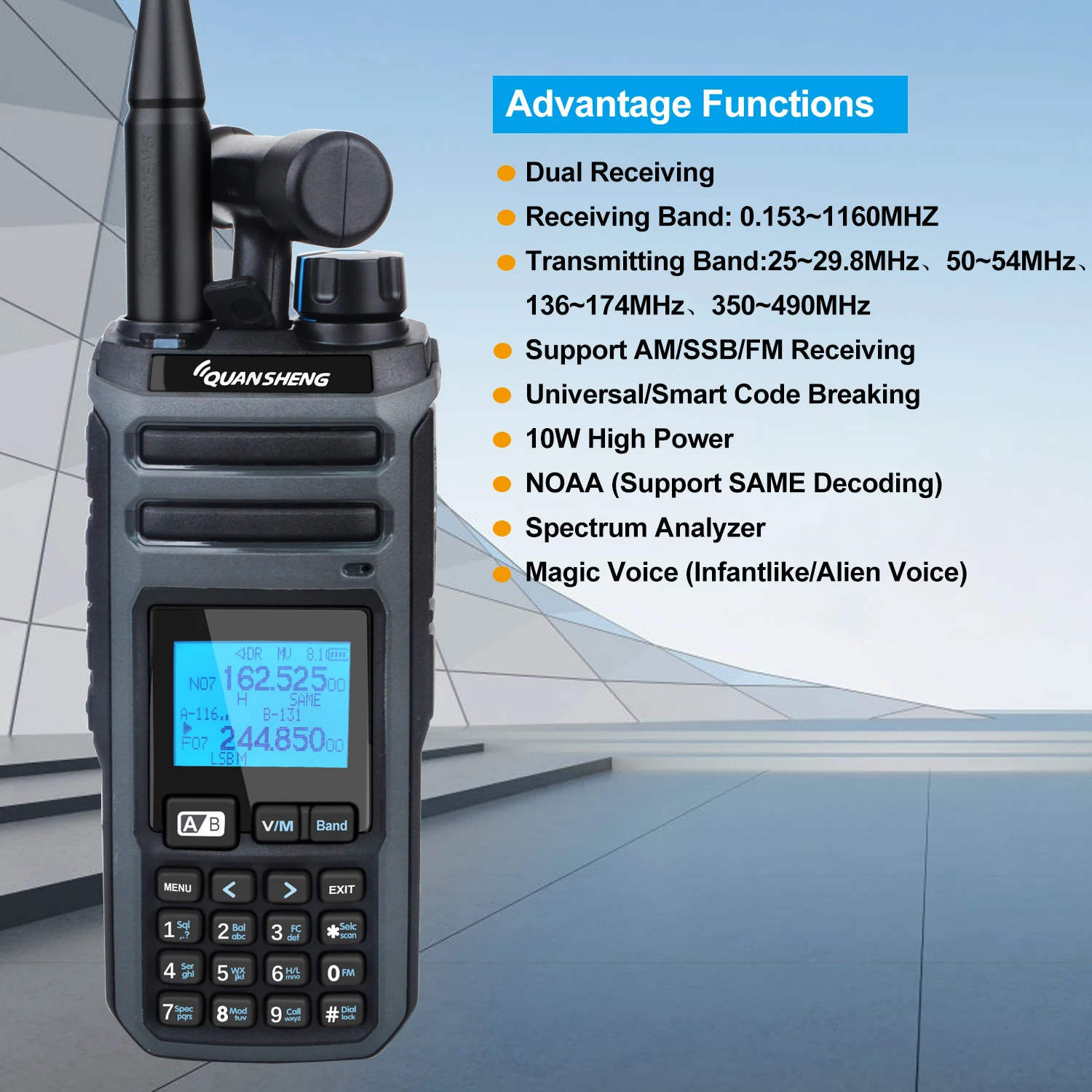 Quansheng TK11(5) Taiko Kong 10W 0.153-1160MHz Short Wave AM/SSB/FM Dual Receiving MW SW 999Ch Scrambler FM Walkie Talkie