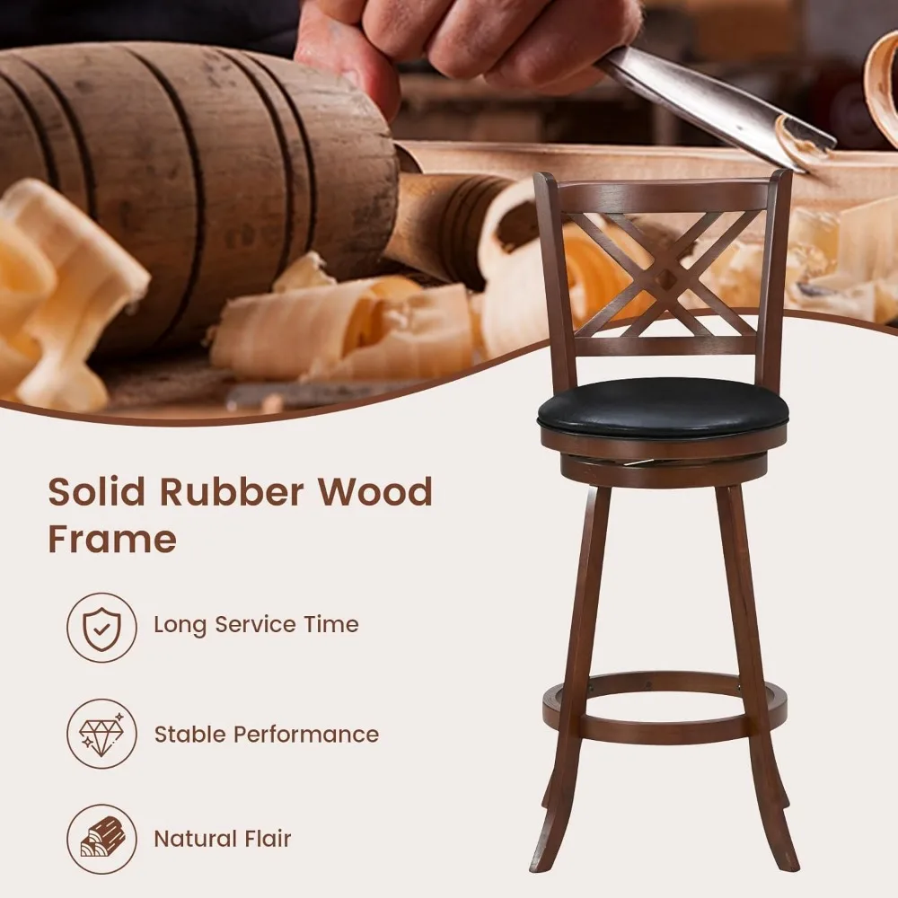 360° Swivel Barstools Set of 2, 29" Bar Height Bar Chairs with Back & Footrest, Upholstered Bar Stools with Rubber Wood Frame
