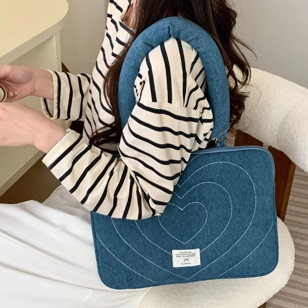Washed Denim Bow Business Briefcases Embroidered File Folder Document Tote Bolsas Large Capacity Love Heart