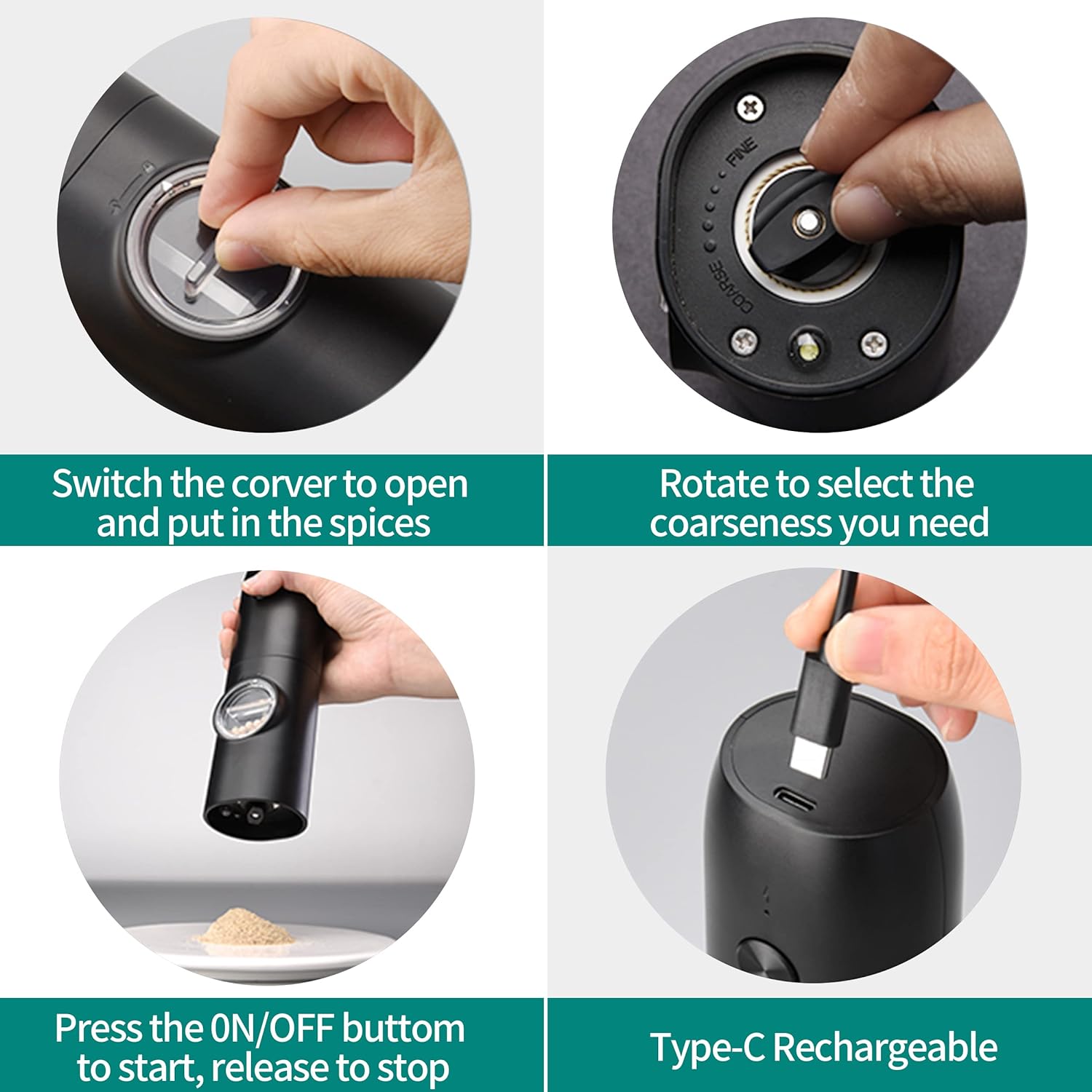 Moedor elétrico recarregável inteligente automático moedor de sal rosa elétrico moedor de pimenta preta
