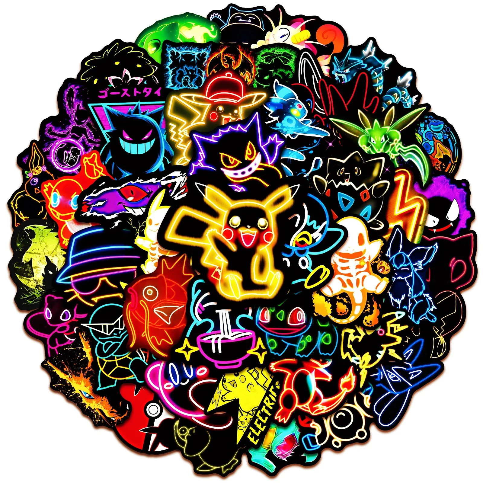 50 pezzi Kawaii Cool Neon Pokemon adesivi impermeabili Anime Pikachu Graffiti decalcomania per laptop skateboard telefono adesivo simpatico cartone animato