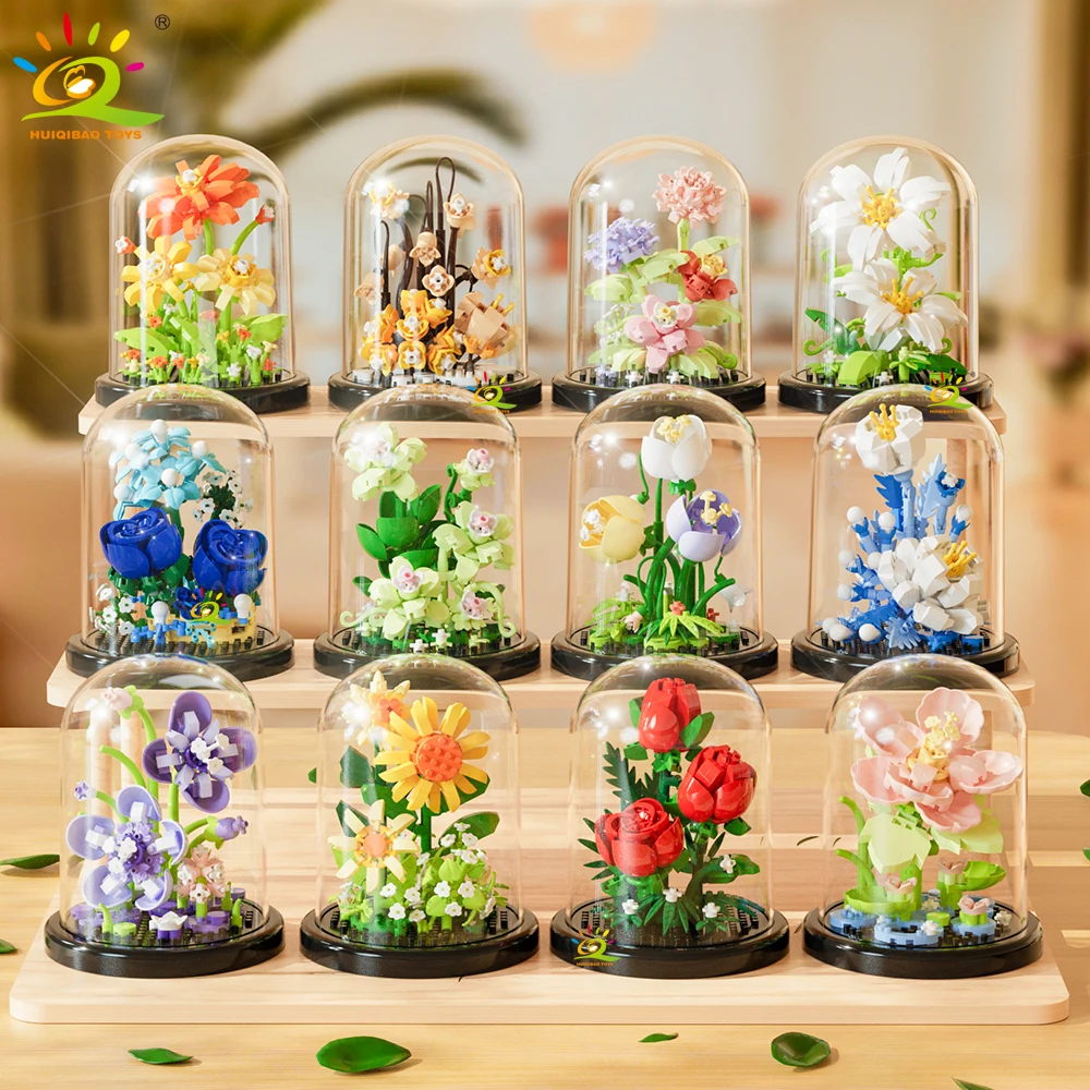 HUIQIBAO MOC Eternal Bouquet กล่อง Micro Building Blocks ดอกไม้ DIY หน้าแรกพืชตกแต่งอิฐของเล่นสําหรับ Childre