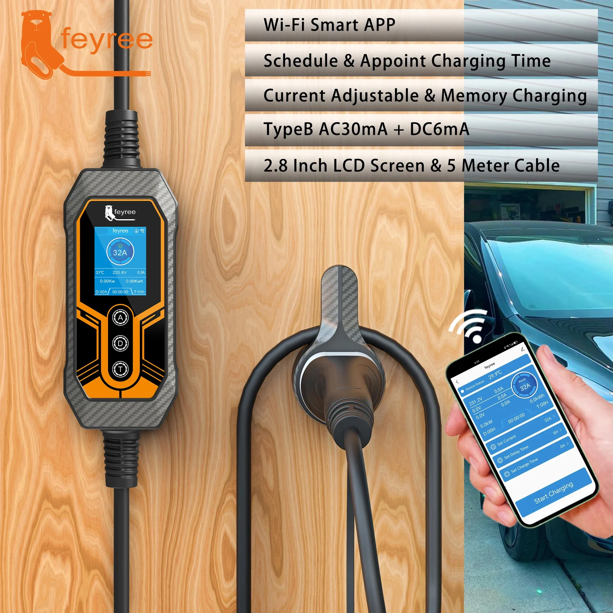 feyree Portable EV Charger Type2 32A 7KW EVSE Wi-Fi APP Control Adjustable Current Smart Timing Charging for Home & Outdoor Use