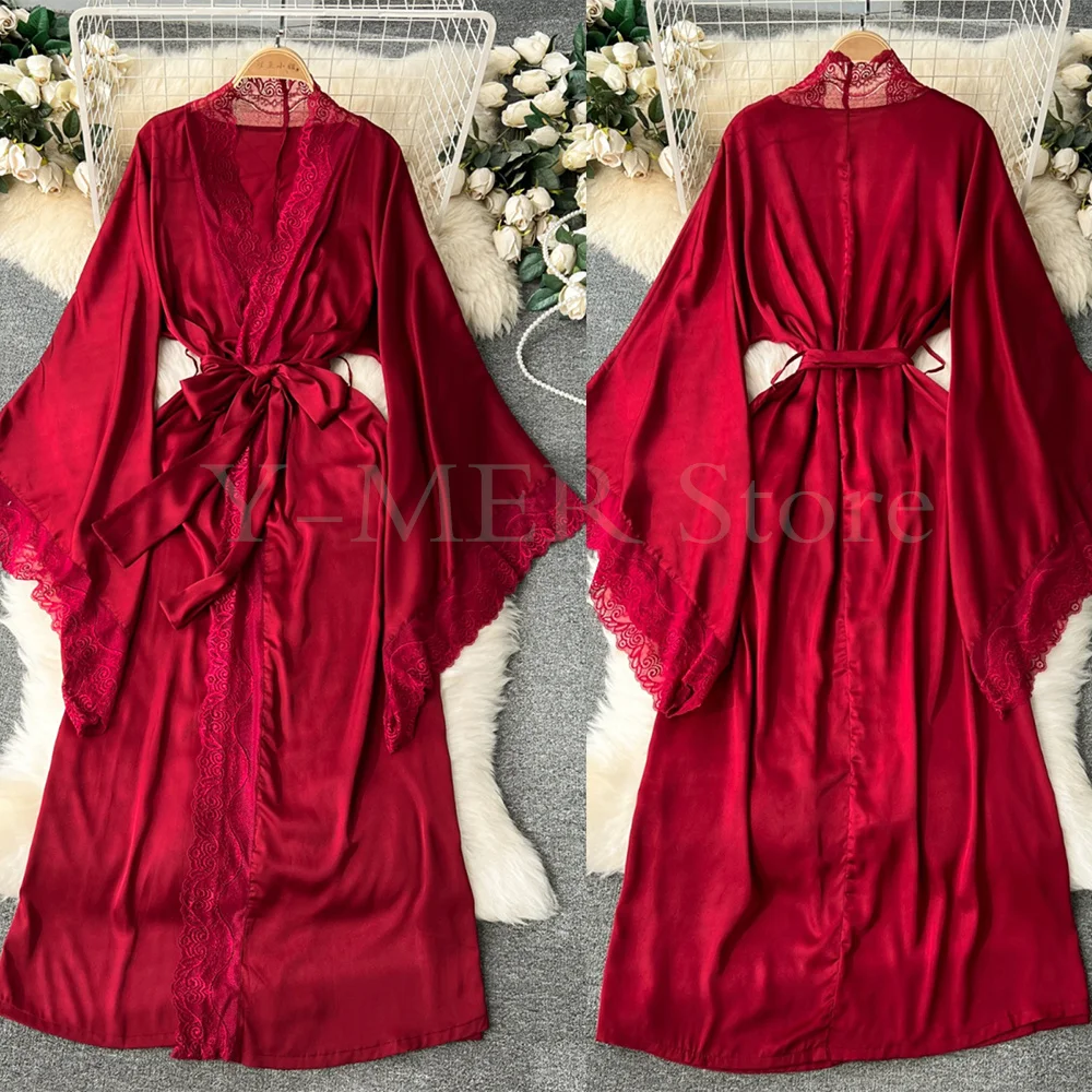 Ультра длинное свадебное платье с птицами, белое кимоно, женская свободная одежда для сна, сексуальный халат с большими кружевными рукавами, ночная рубашка, пеньюары из искусственного шелка