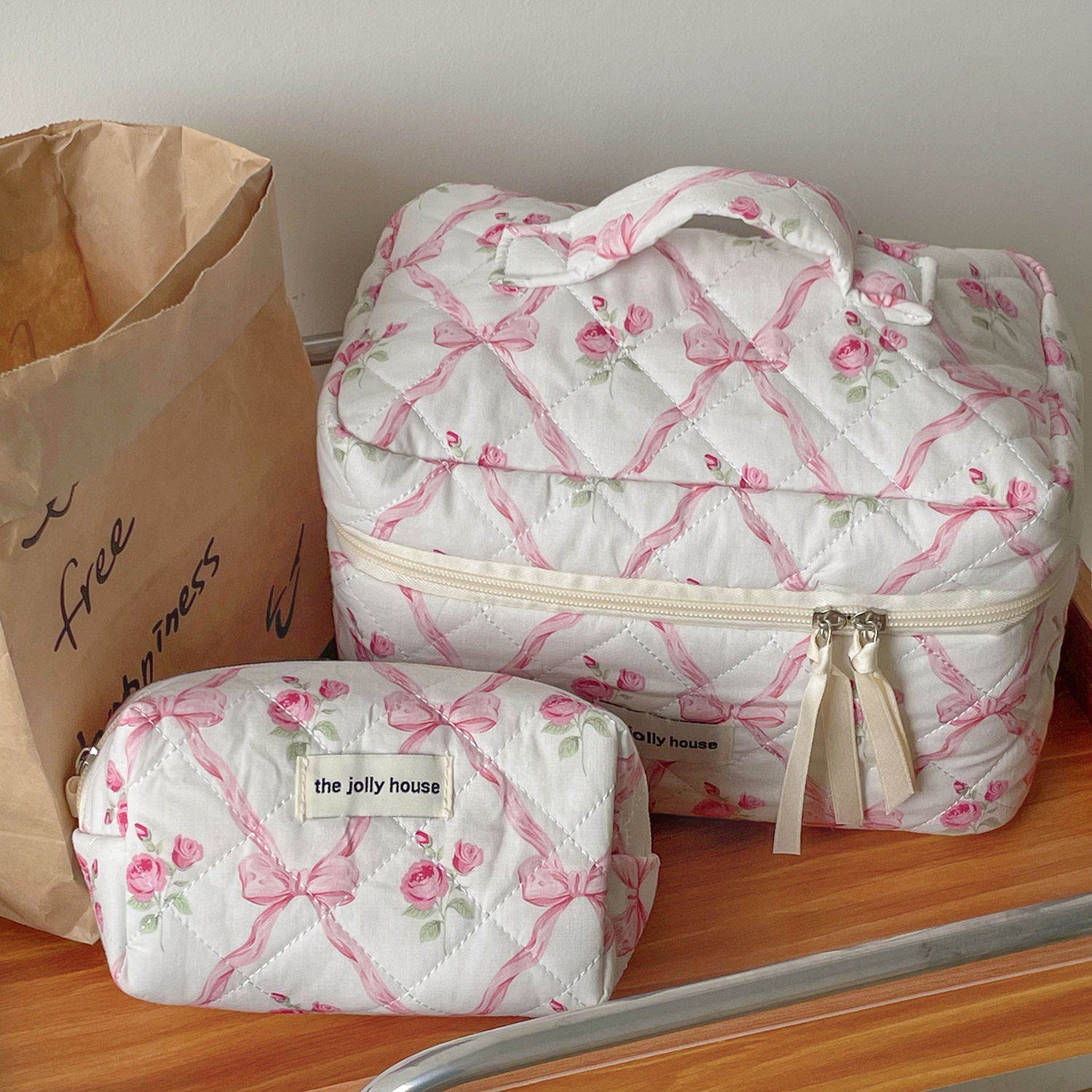 Bonito arco flor acolchoado algodão saco de maquiagem feminino zíper organizador cosmético feminino pano bolsa portátil caso de higiene pessoal para meninas