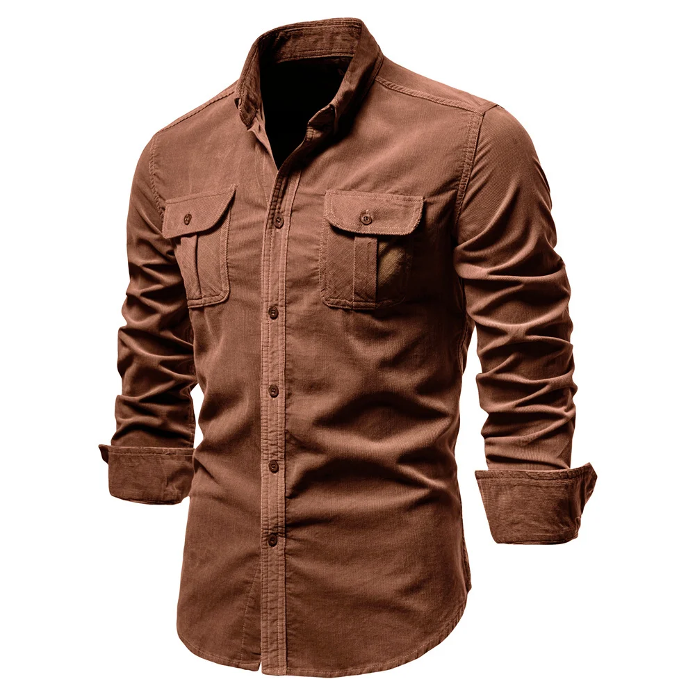 2021 Nuovo monopetto 100% cotone camicia da uomo business casual moda tinta unita velluto a coste camicie da uomo autunno camicia sottile da uomo