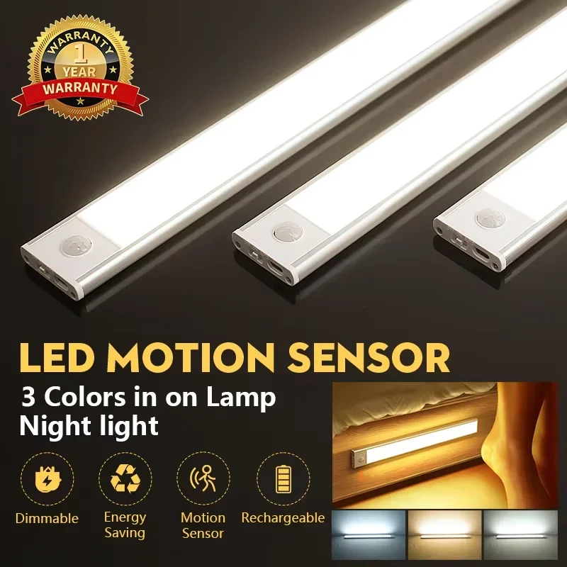 Luces de armario con Sensor de movimiento, luz LED nocturna regulable, tubo de luz Led recargable por USB inalámbrico para armario, lámpara de noche de 3 colores