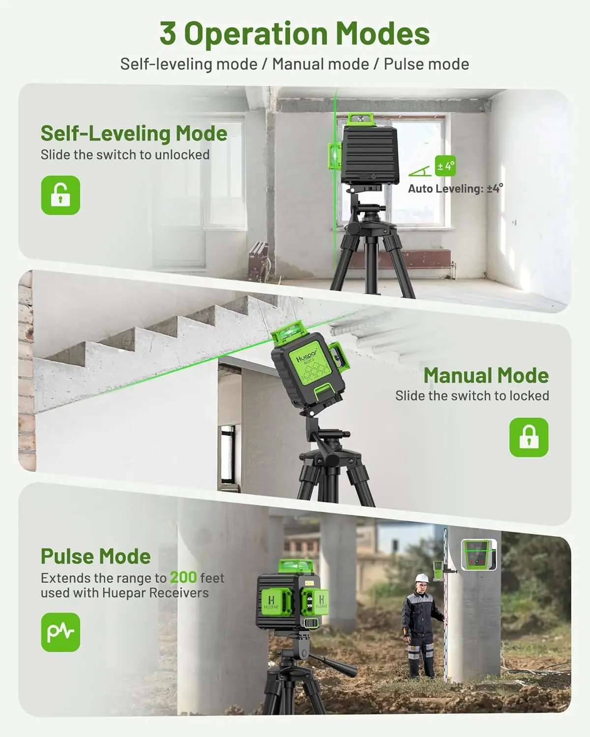 Huepar B03CG Livello laser a 12 linee 3D Autolivellante Laser a linee incrociate orizzontale e verticale verde ad alta luminosità con custodia rigida