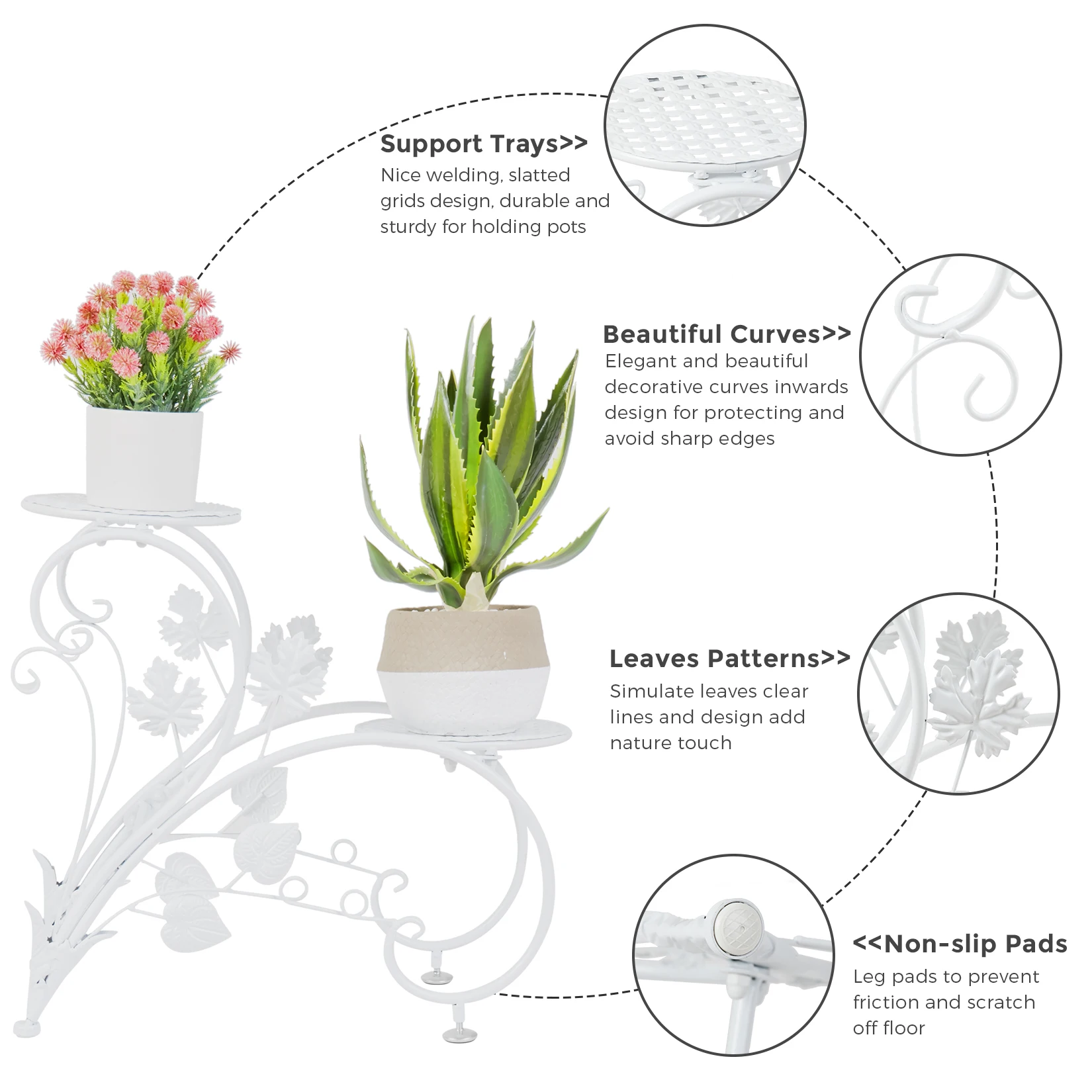 2 supporti per piante in metallo antiruggine, 4 espositori per fiori in vaso, per giardino, balcone, ufficio, bianco e nero