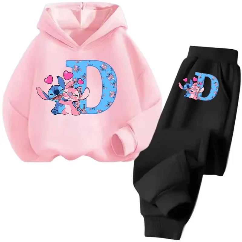 Детская повседневная одежда с длинными рукавами Stitch Disney для мальчиков и девочек, весенне-осенний комплект свитшотов в повседневном стиле, подарки с героями мультфильмов и буквами