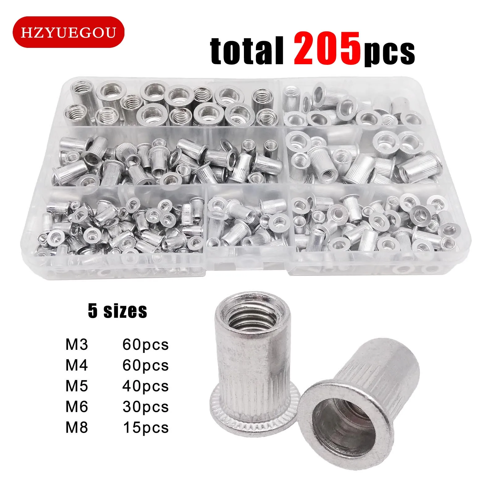 70/205 unids/caja tuerca de remache de inserción de aluminio Nutsert Mix M3 M4 M5 M6 M8 juego de tamaños surtido Kit cabeza plana de alta calidad