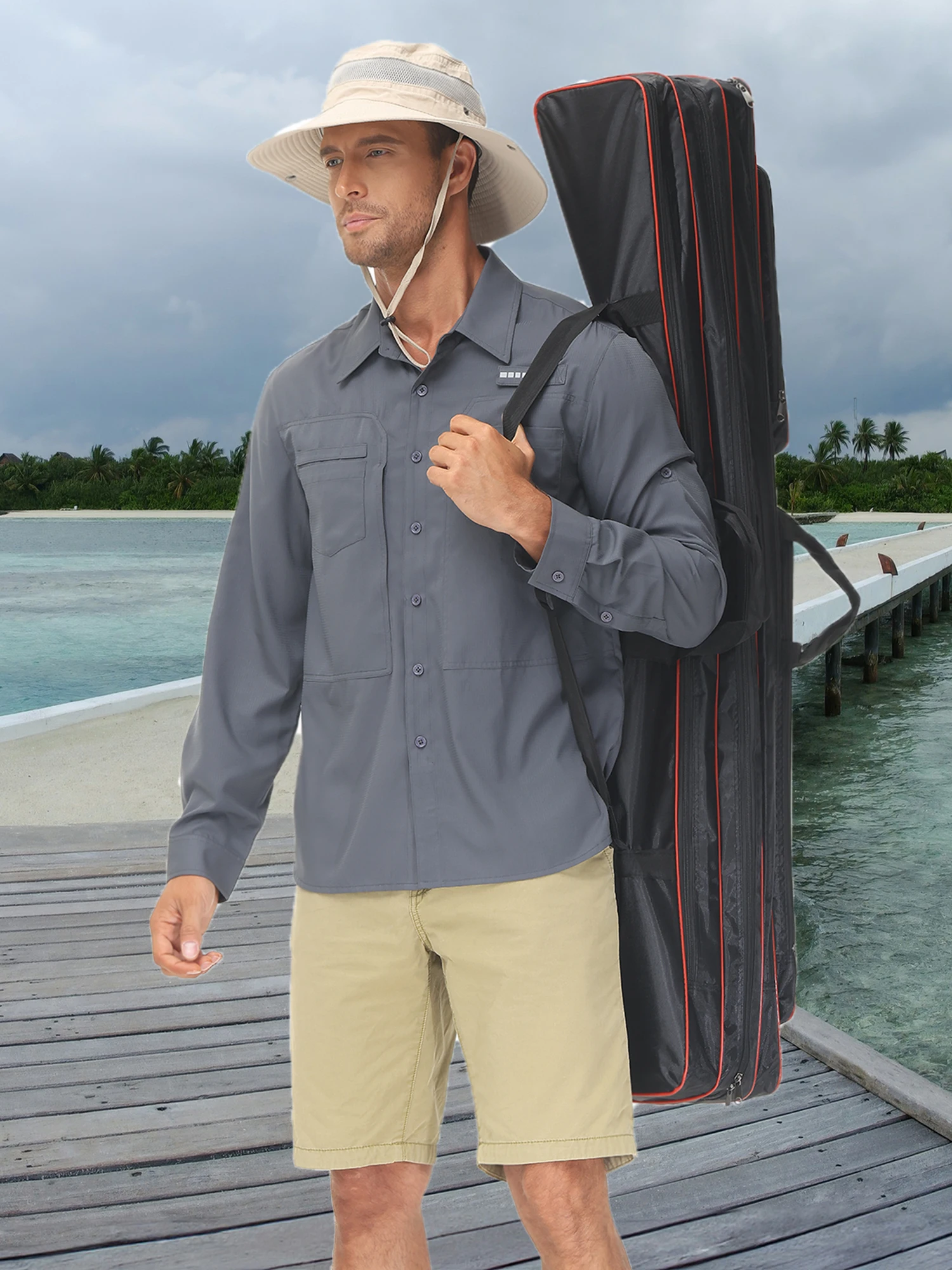 Sommer Herren UPF 50+ Casual Langarm-Angelhemden, leichtes taktisches Button-Down-Hemd mit atmungsaktivem Netz auf der Rückseite