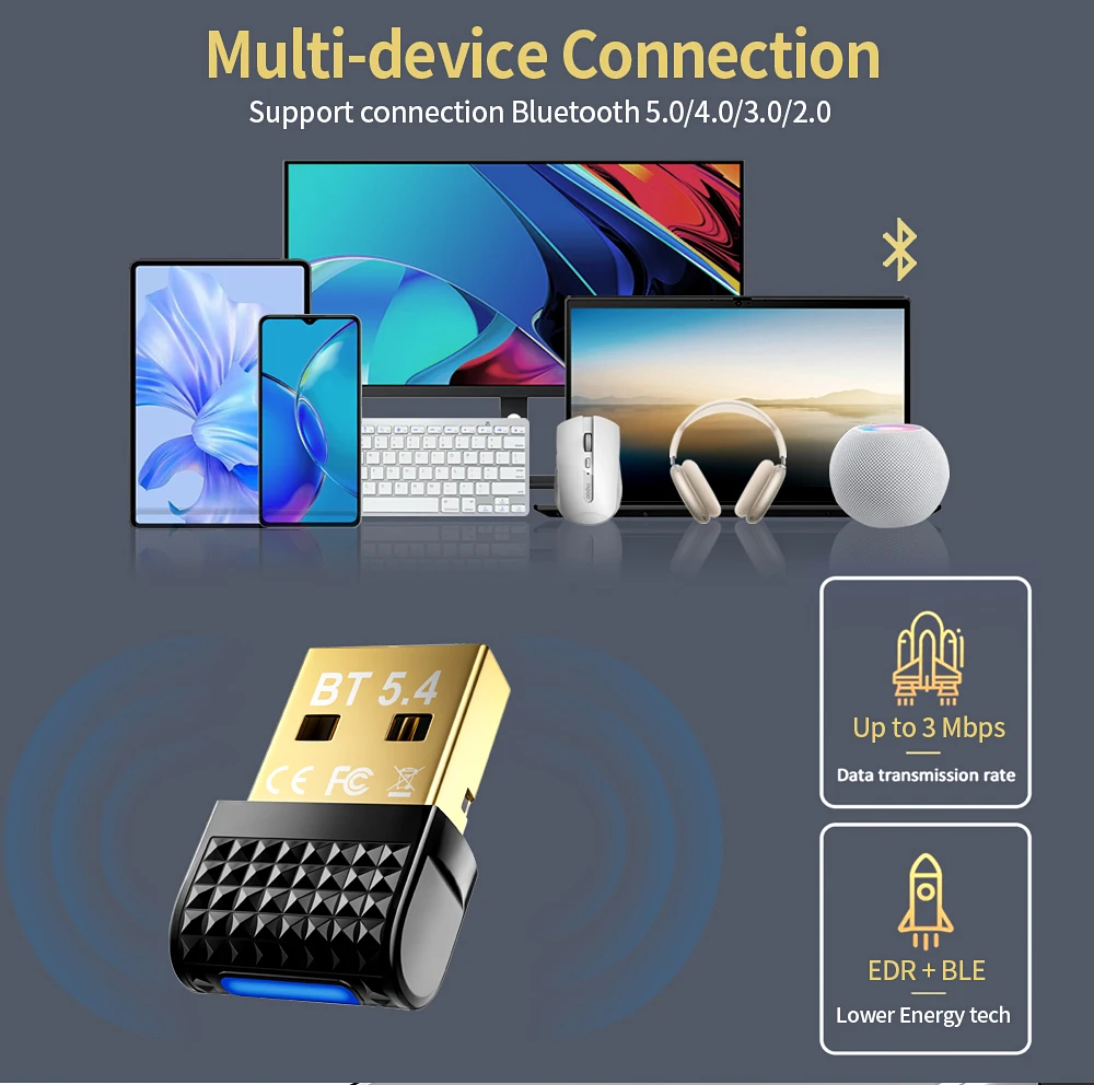 USB-адаптер Bluetooth 5.4 Bluetooth 5.3 Dongle Bluetooth-приемник и передатчик для Bluetooth-клавиатуры/мыши/наушников/динамика