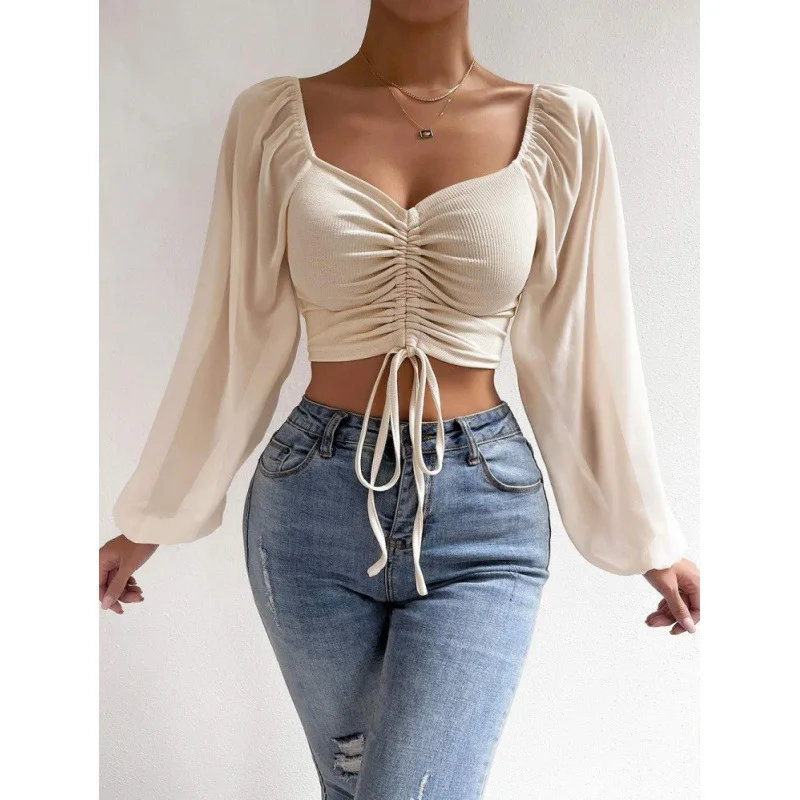 Frauen Frühling Herbst Lange Puff Sleeve Tops Tees Lose Chiffon Stricken Tiefem V-ausschnitt T-shirts Fashion Solid Casual Raffen T shirts