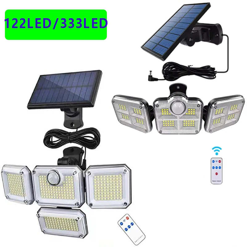 Paquete de 1 lámpara con sensor de movimiento para exteriores, luz de energía solar de 4 cabezales, luz solar de 122 LED, luces de inundación, 3000 lúmenes, 270 °   Gama de iluminación