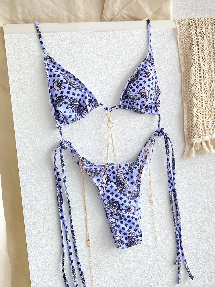 Sexy Triangle chaînes Bikini ensembles Micro tongs maillot de bain femmes maillot de bain Biquini pansements de plage maillot de bain imprimé string Bikini