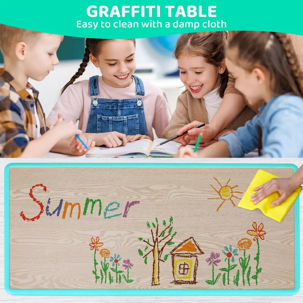 Kids Table and 6 Chairs Set, Height Adjustable Graffiti Table, Preschool Activity Art Craft Table, for Daycare Classroom