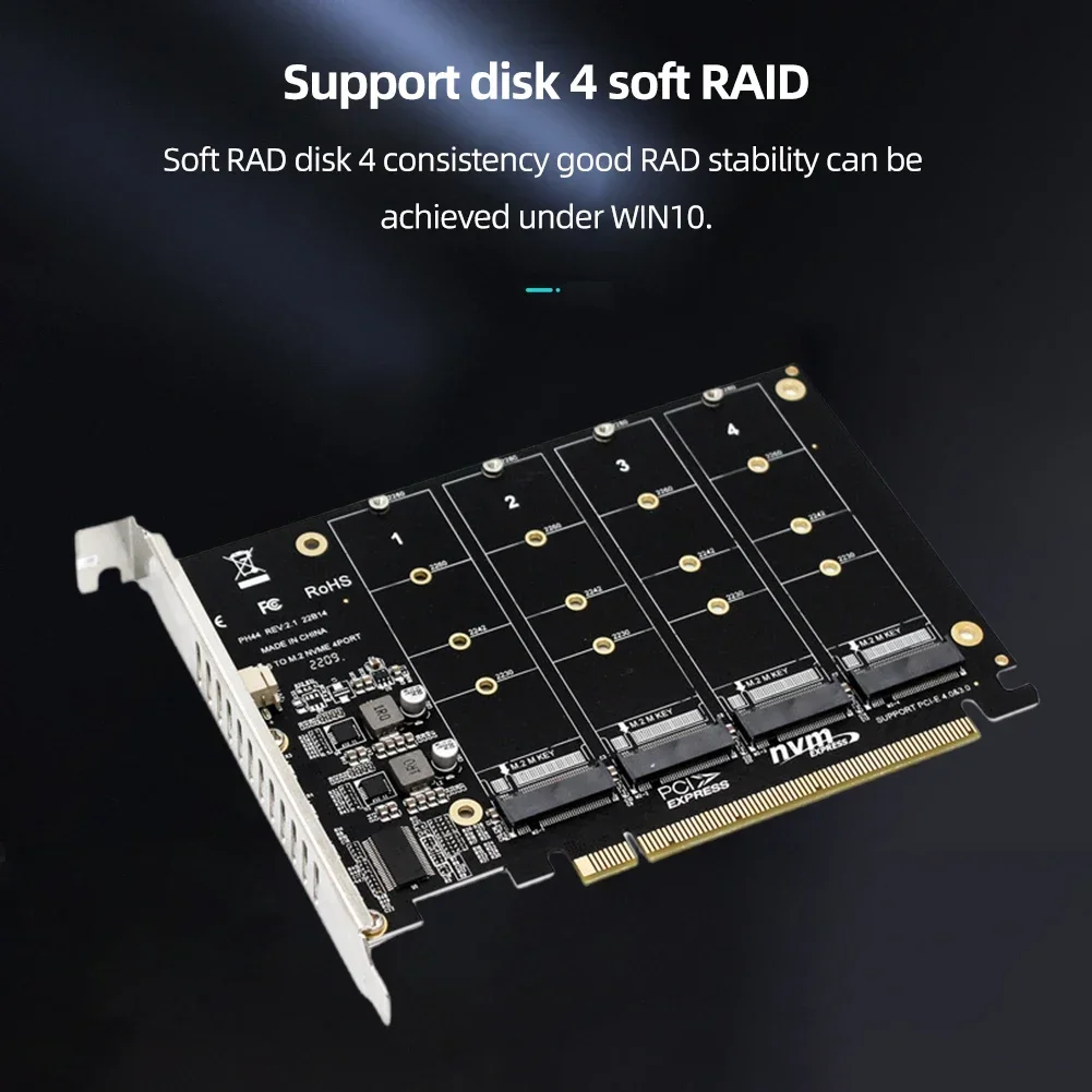 2230/2242/2260/2280 Host Controller Expansion Card LED Indicator 4 Port M.2 NVME SSD To PCIE X16 Adapter Converter Card Support
