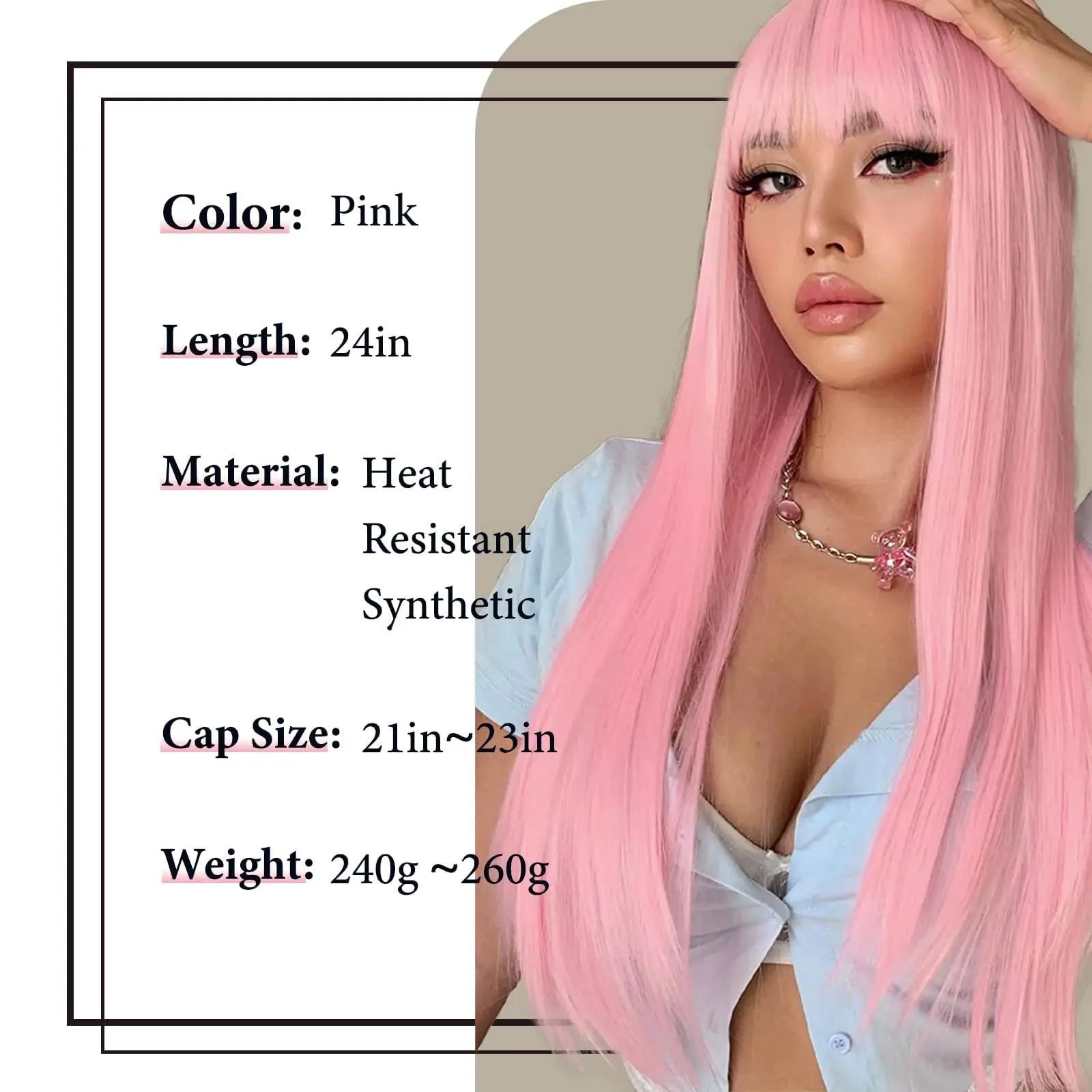 Roze lang steil haar synthetische pruik voor Halloween cosplay, pruik voor dagelijks gebruik, haaraccessoire voor hoge temperaturen