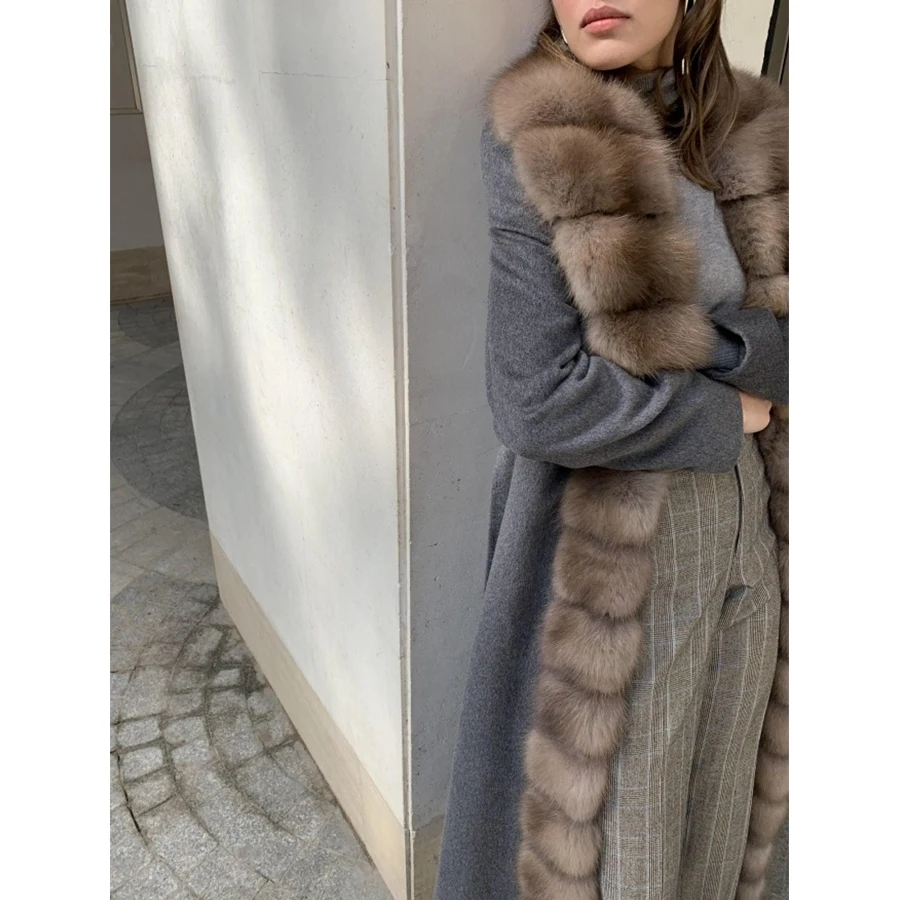 Damen Woll misch mantel mit Fuchs pelz Kaschmir Woll mantel Winter lange echte Fuchs Pelzmantel Luxus Neuankömmling 2024