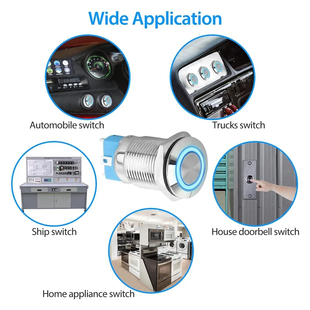 2Pcs DC 12V/24V Metal Latching Push Button Switch, 5 Pin Car RV Truck Boat SPDT ON/OFF Switch, Waterproof Self-Locking Round