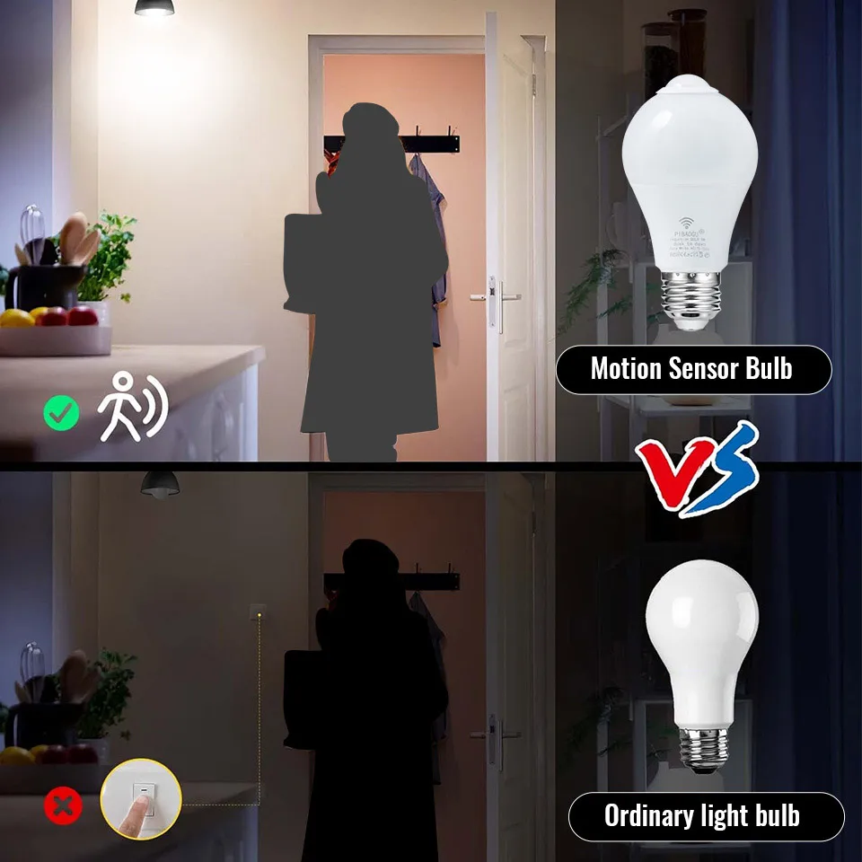 4PCS 20W 18W 15W 12W 9W 6WLampada LED E27 Radar Motion Sensor Light Bulb 189-265V Infrared Detection Smart Lamp Working in Night